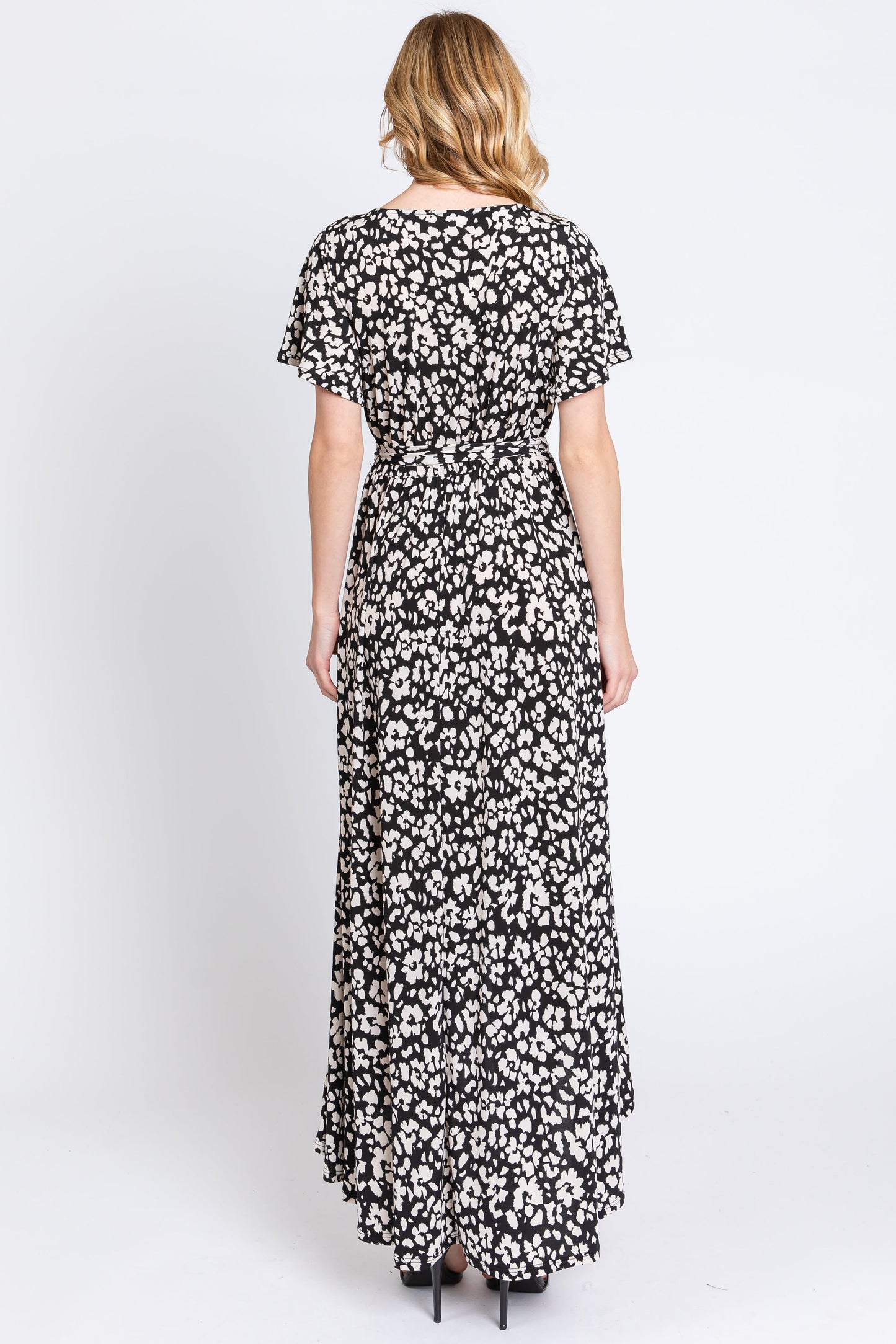 Black Animal Print Wrap Front V-Neck Hi-Low Midi Dress