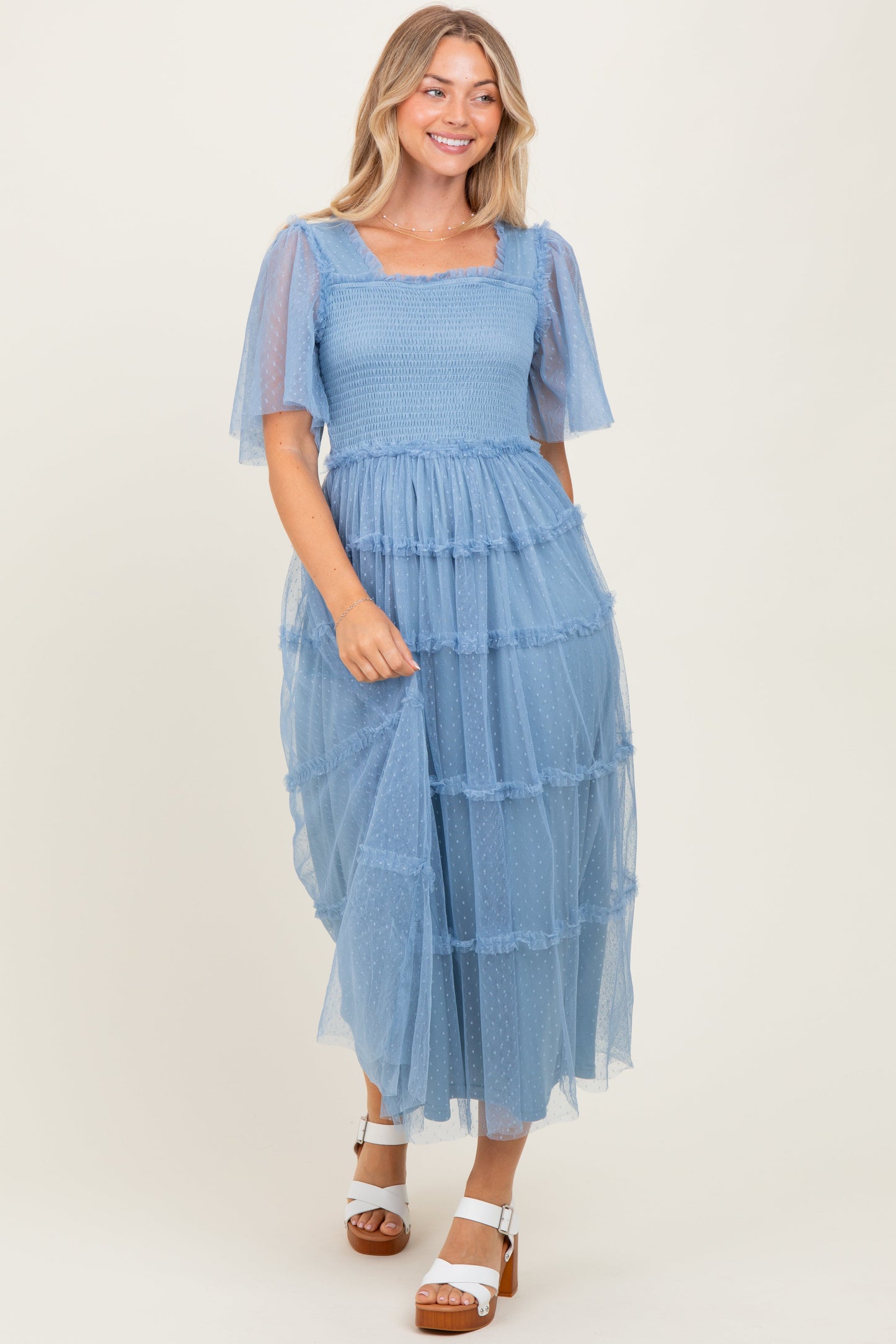 Blue Ruffled Mesh Maxi Dress