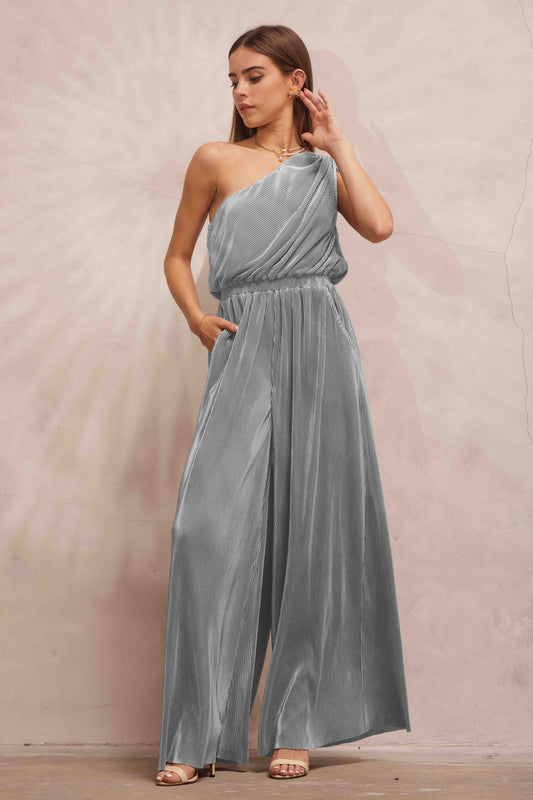 Stone Blue Asymmetric Pleated Jumpsuit