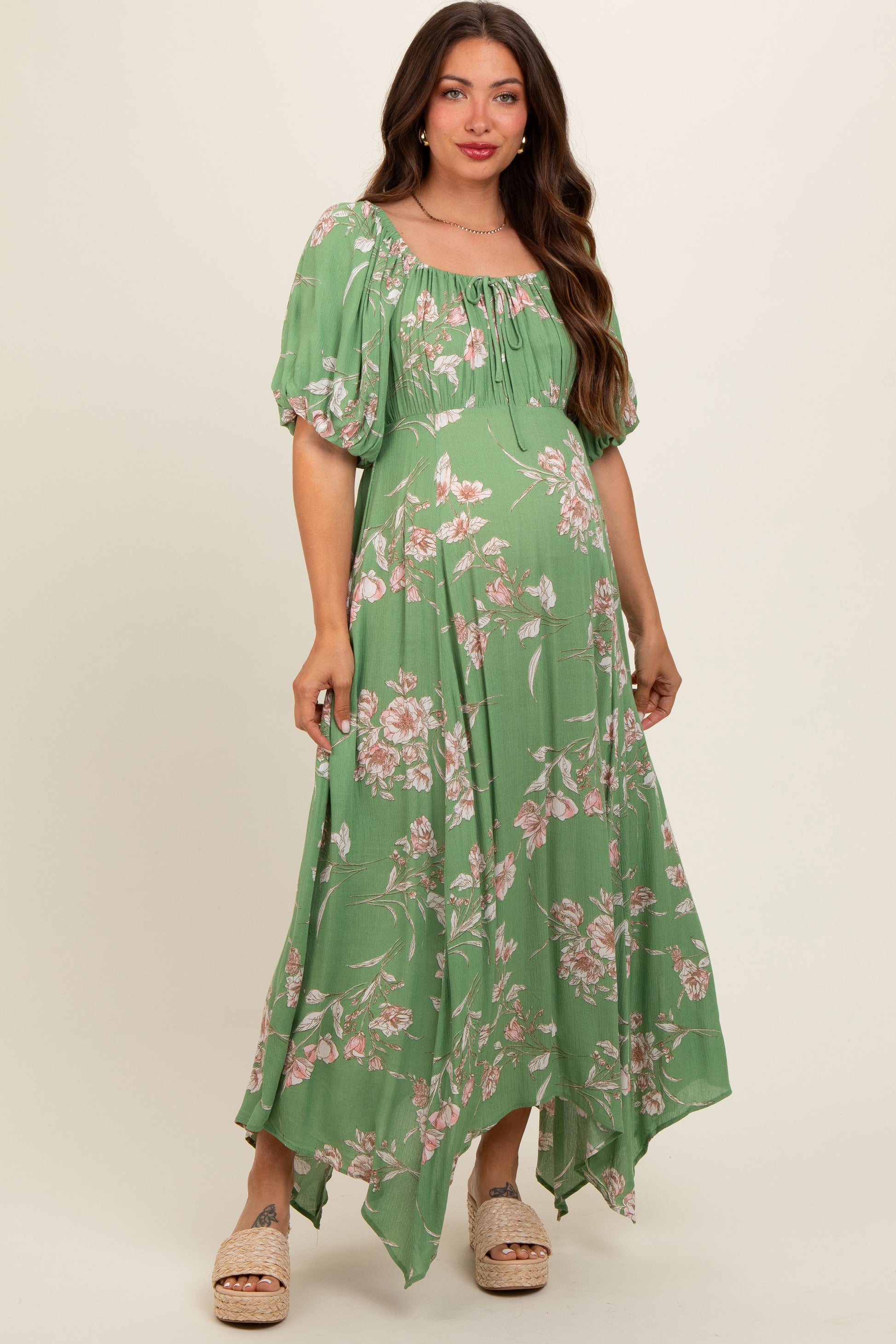 Light Olive Floral Puff Sleeve Maternity Maxi Dress Light Olive Floral Puff Sleeve Maternity Maxi Dress