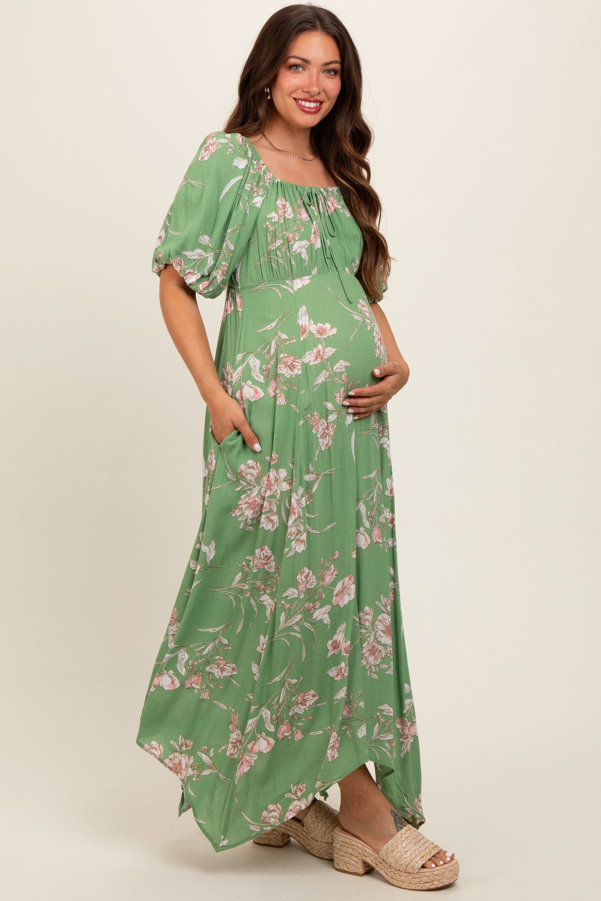 Light Olive Floral Puff Sleeve Maternity Maxi Dress The Prissy Pelican Light Olive Floral Puff Sleeve Maternity Maxi Dress The Prissy Pelican