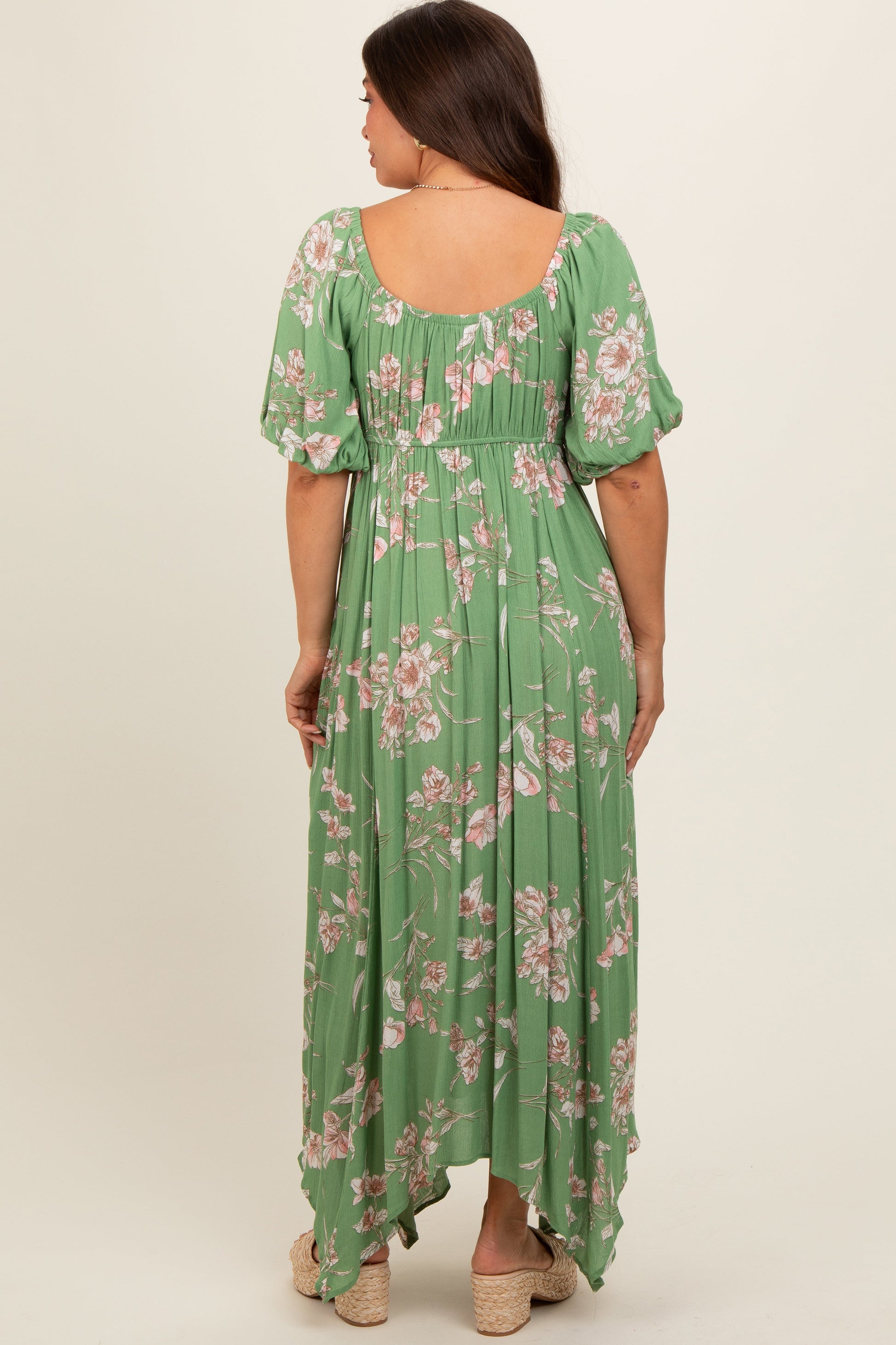 Light Olive Floral Puff Sleeve Maternity Maxi Dress Light Olive Floral Puff Sleeve Maternity Maxi Dress