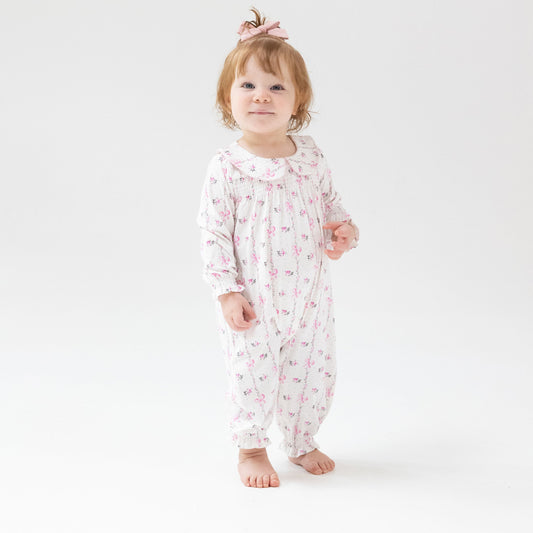 Smocked Long Sleeve Romper with Peter Pan Collar