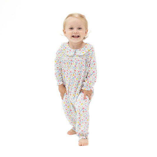 Smocked Long Sleeve Romper with Peter Pan Collar