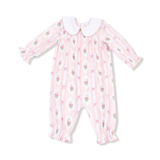 Smocked Long Sleeve Romper with Peter Pan Collar