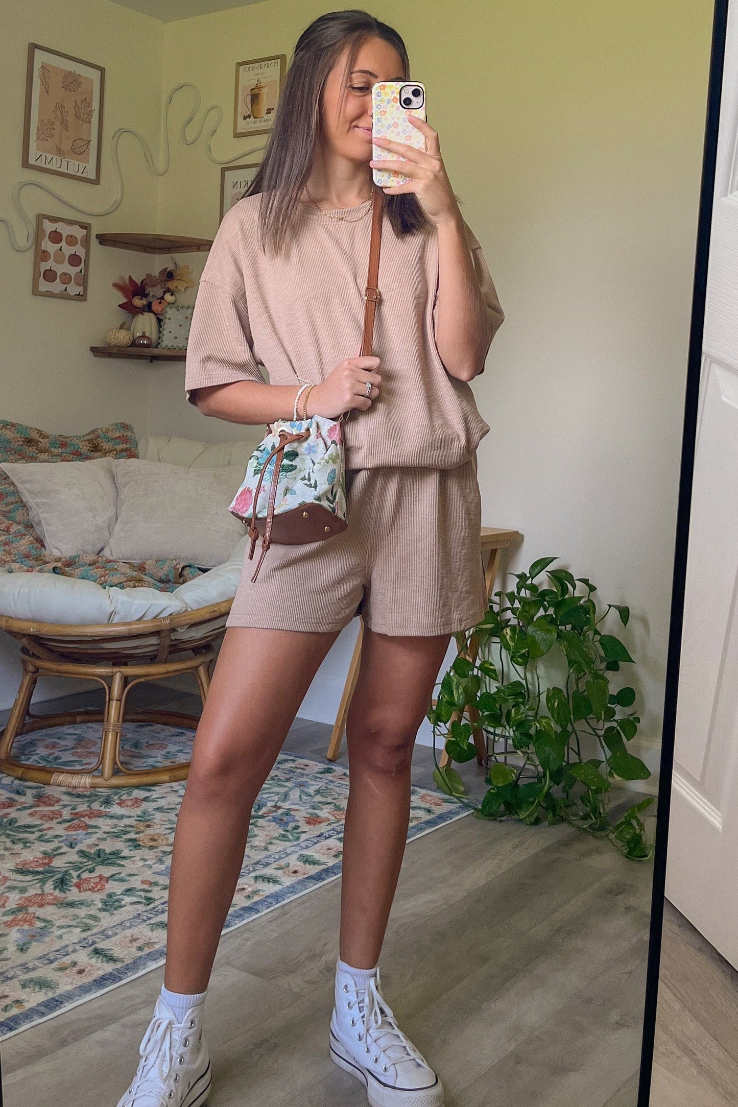 Taupe Ribbed Short Sleeve Short Set