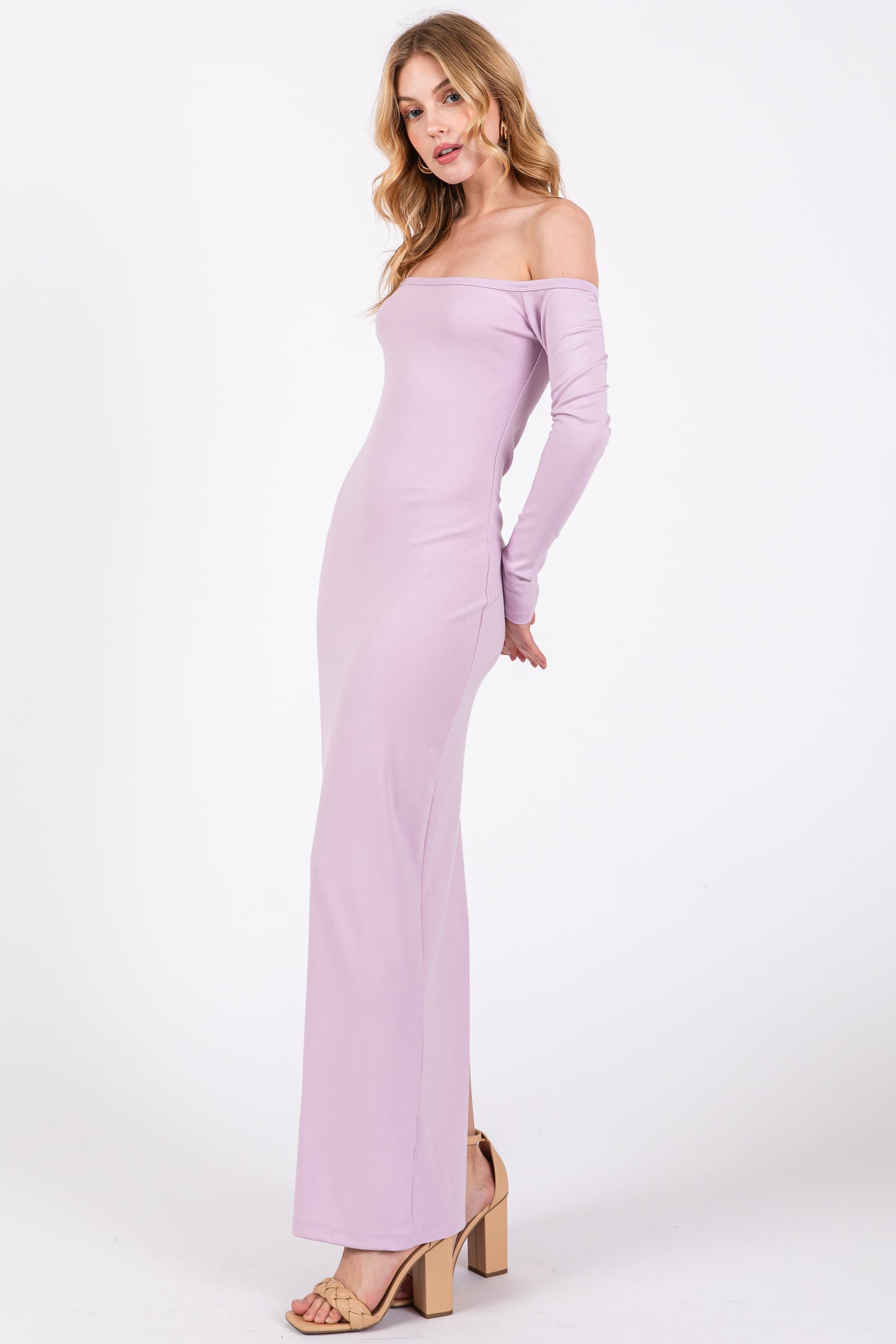 Lavender Off Shoulder Long Sleeve Maxi Dress