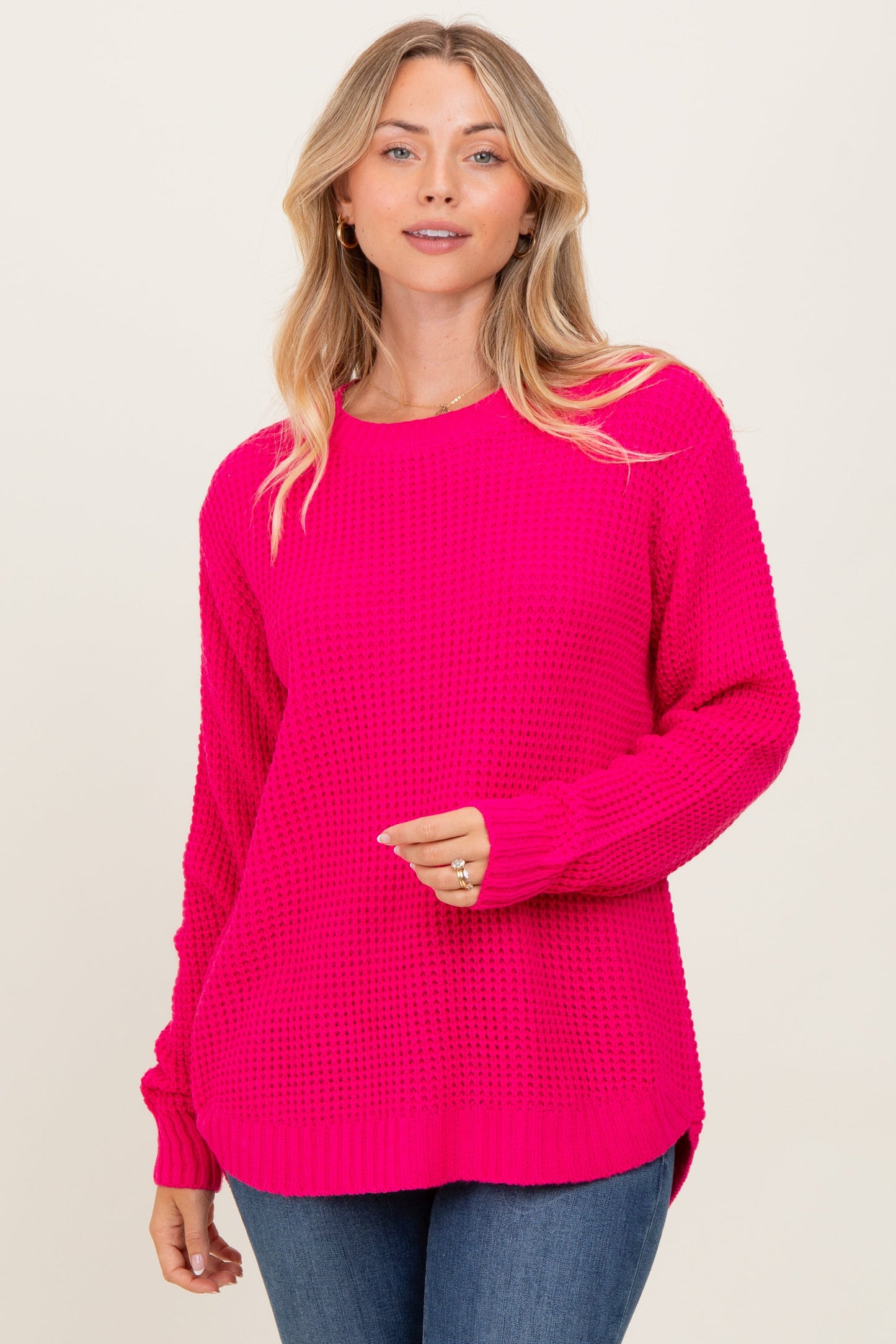 Fuchsia Waffle Knit Round Hem Maternity Sweater