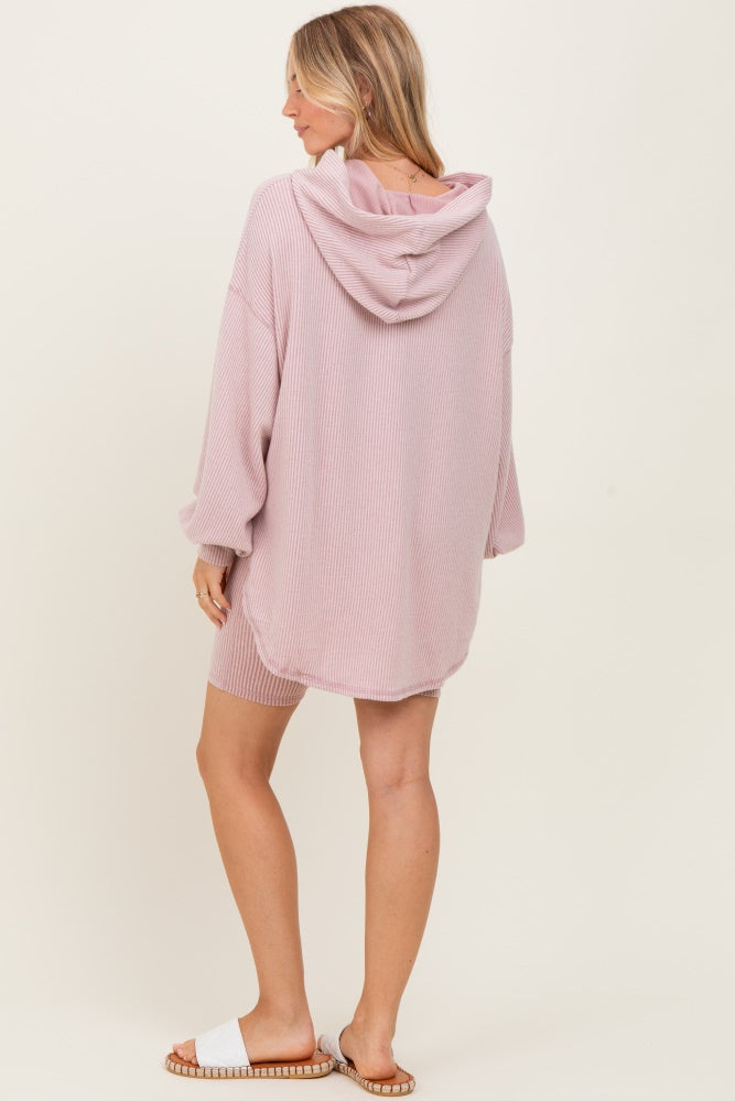 Light Pink Ribbed Hoodie Bike Shorts Set
