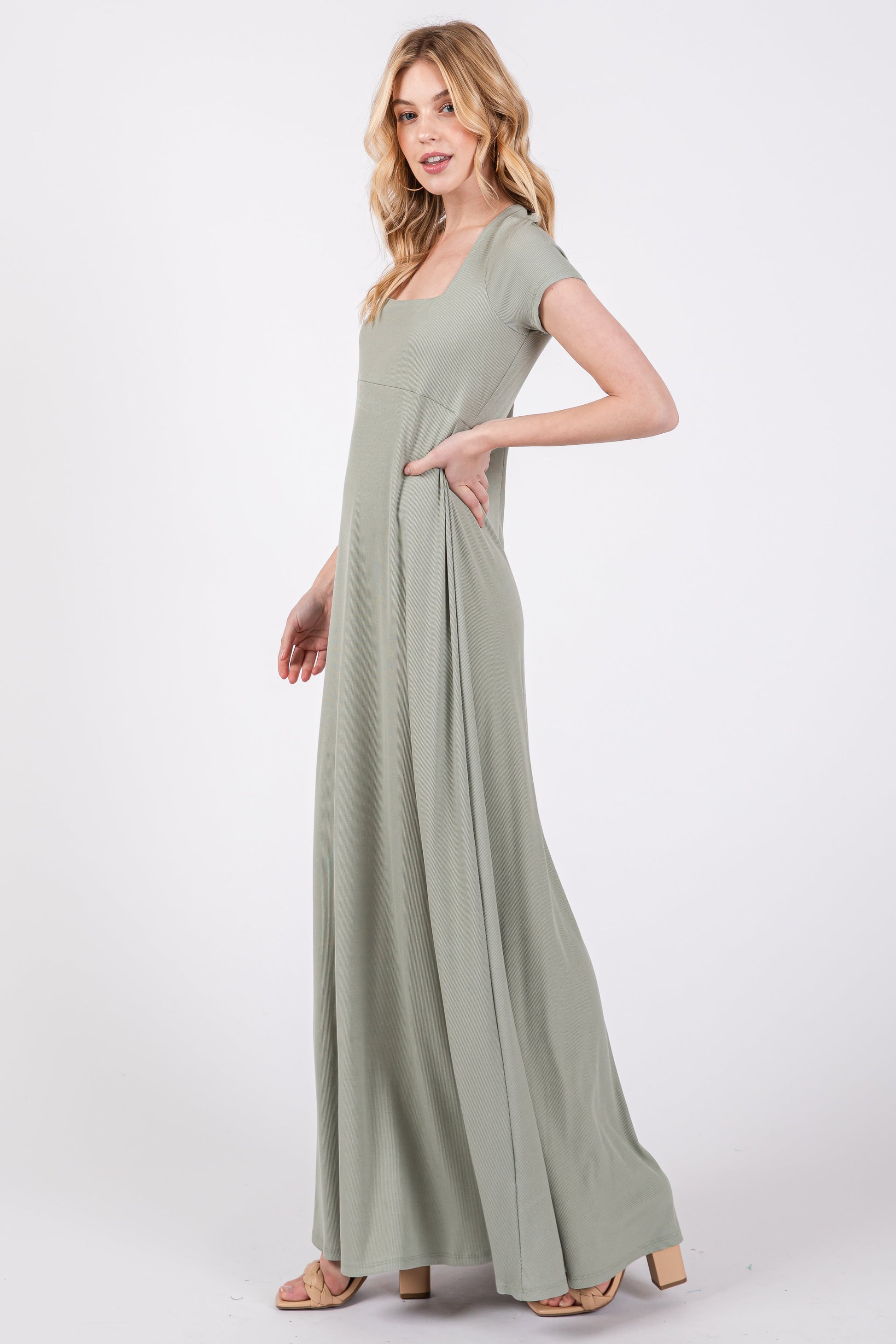 light olive green maxi dress Olive Short Sleeve V Neck Elastic Waist Tiered Maxi Dress