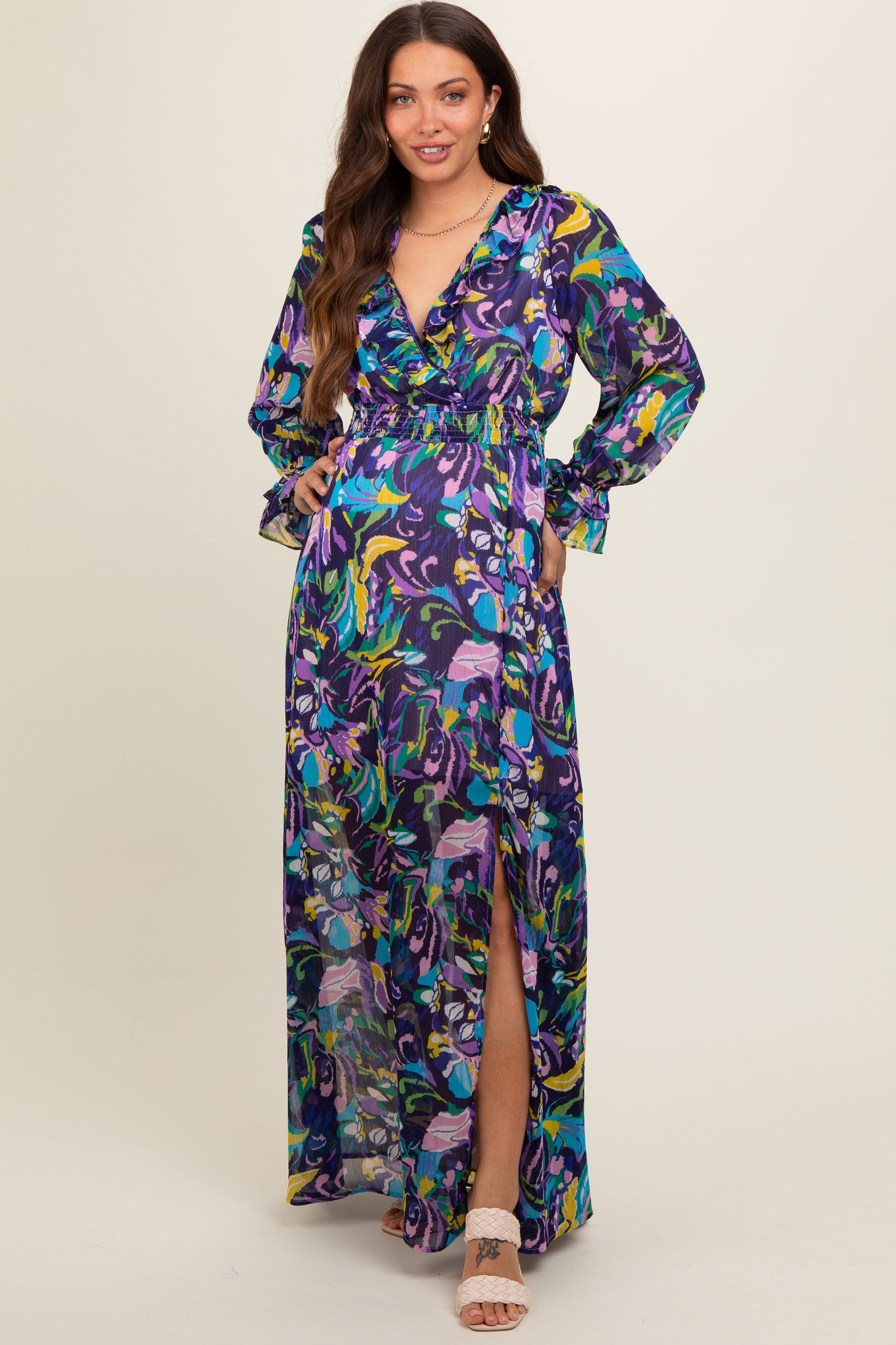 Purple Print Ruffle Long Sleeve Maternity Maxi Dress Purple Print Ruffle Long Sleeve Maternity Maxi Dress