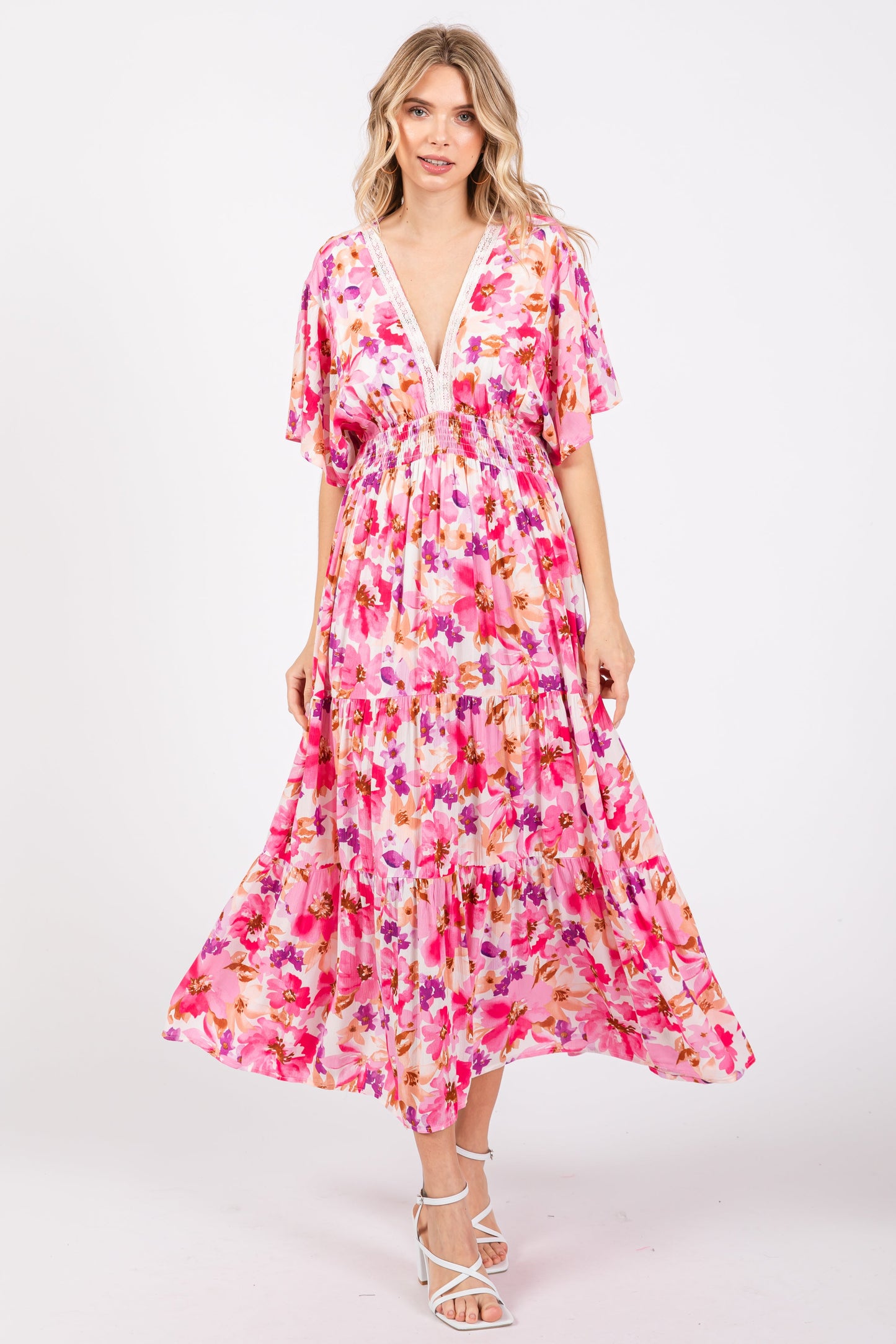 Fuchsia Multi-Color Floral Tiered Maternity Maxi Dress