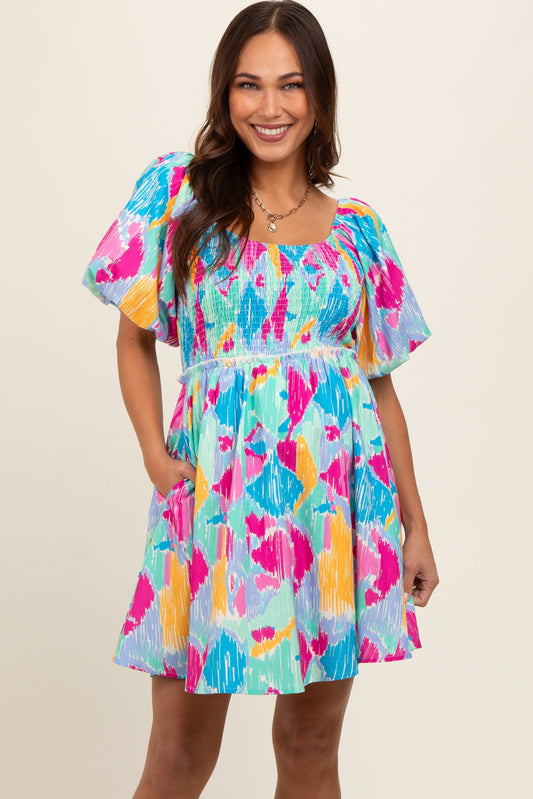 Mint Multi Color Print Smocked Maternity Dress