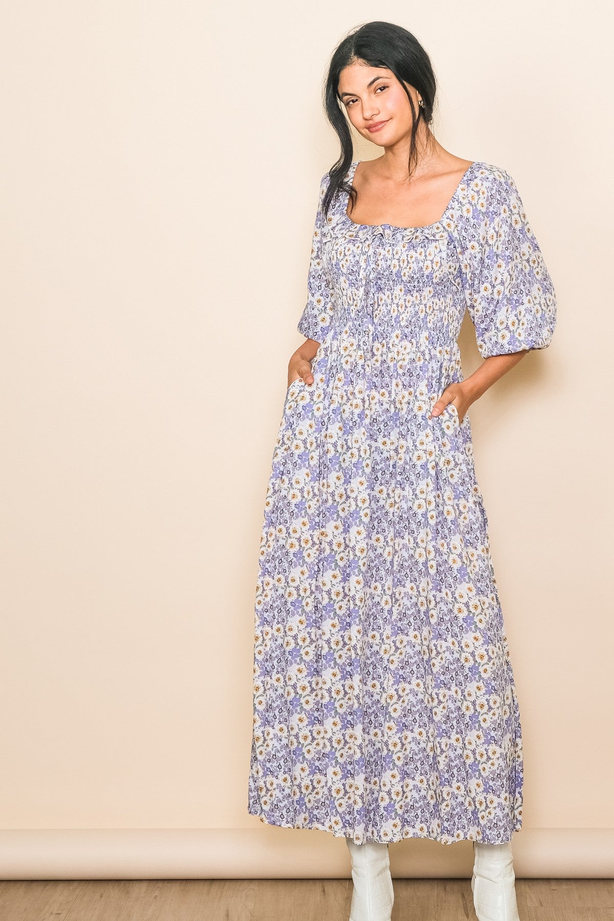 Lavender Abstract Floral Smocked Maternity Maxi Dress