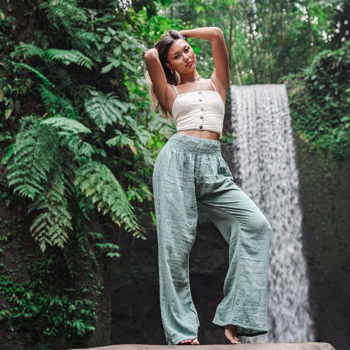 Sage Escape Wide-Leg Cotton Pants