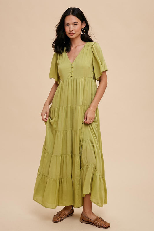 Green Button Detail Tiered Maxi Dress