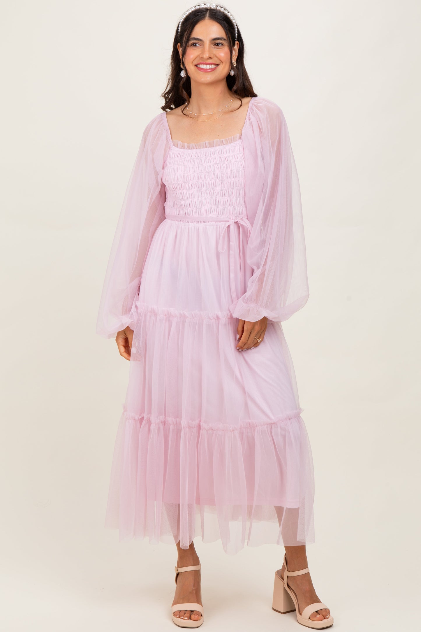 Pink Mesh Tiered Long Sleeve Maternity Maxi Dress