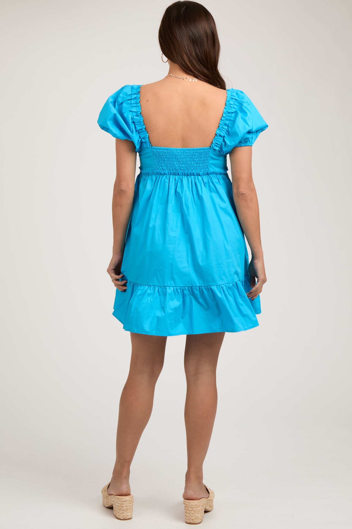 Aqua Puff Sleeve Ruffle Accent Maternity Mini Dress