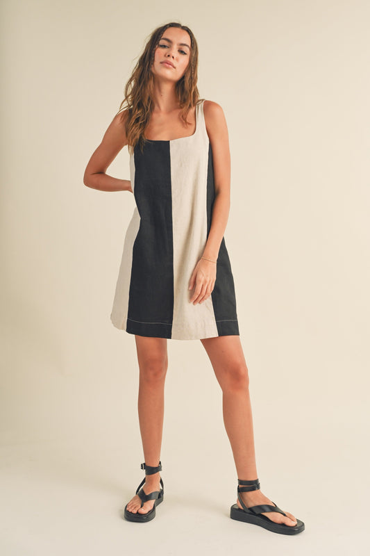 Black Color Block Linen Sleeveless Dress
