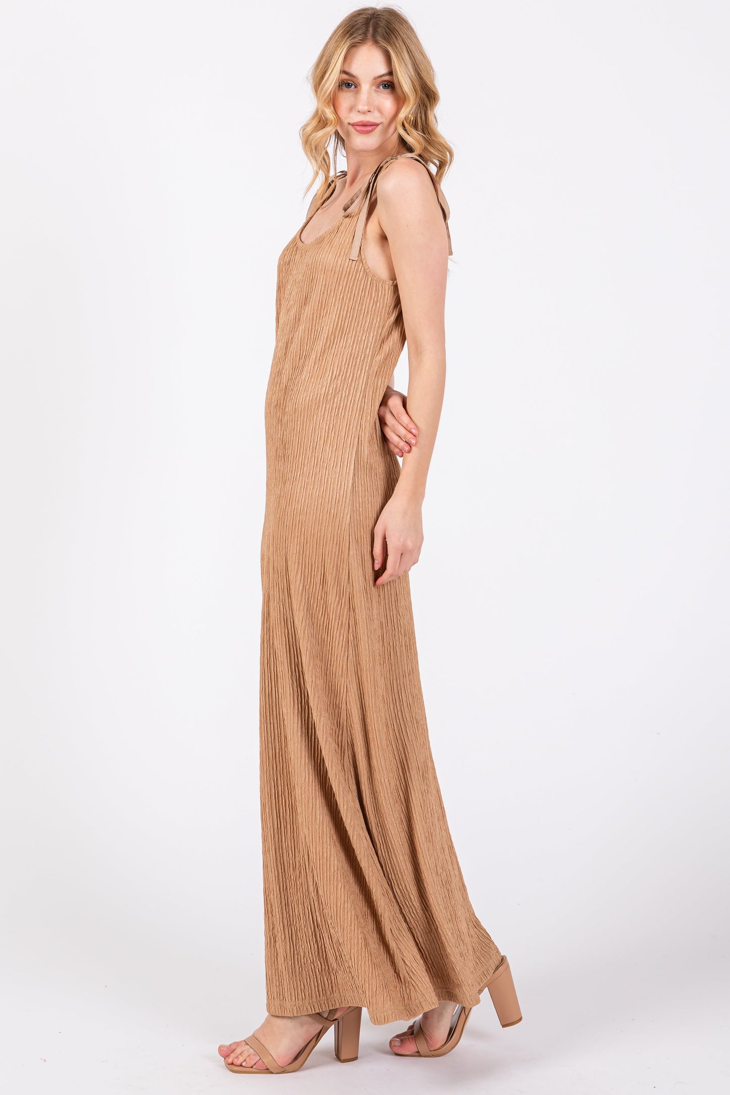 Mocha Textured Tie Strap Midi Dress