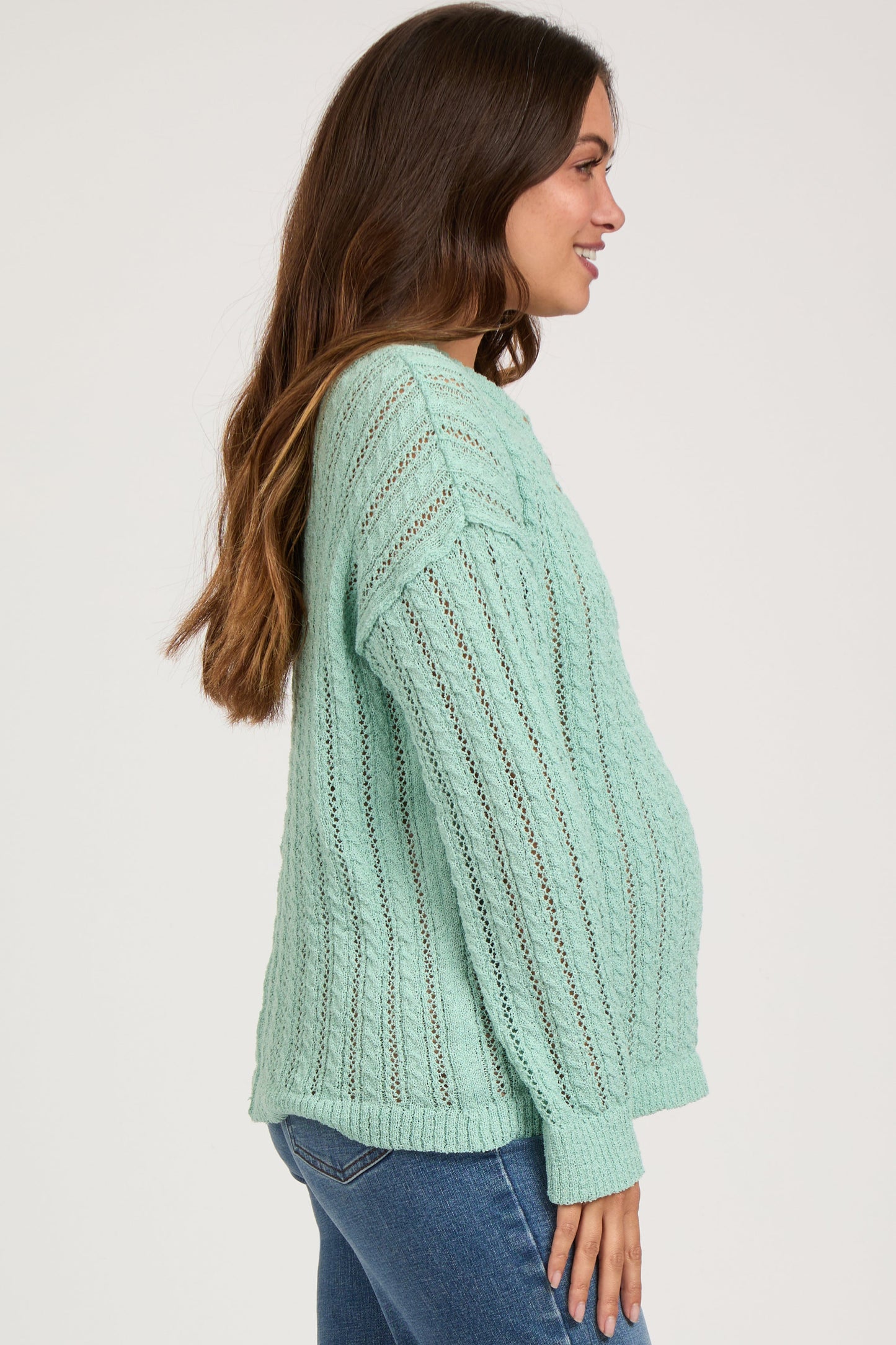 Mint Green Open Knit Front Button Maternity Sweater