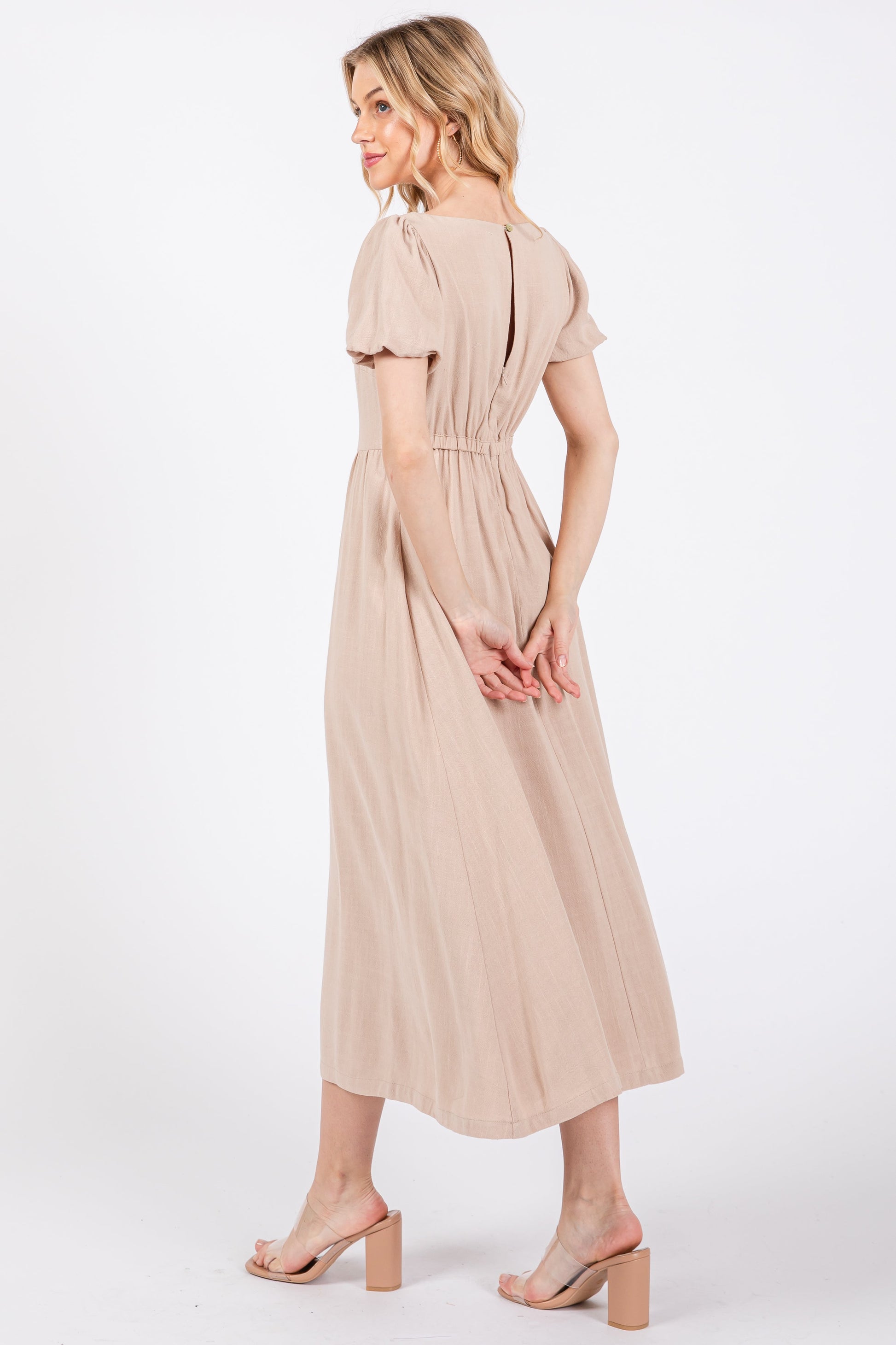 Taupe Puff Sleeve Linen Midi Dress The Prissy Pelican Taupe Puff Sleeve Linen Midi Dress The Prissy Pelican