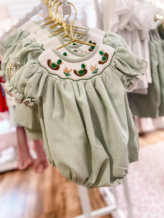 Girls Green Smocked Mallard Duck Bubble | Southern Fall Outfit