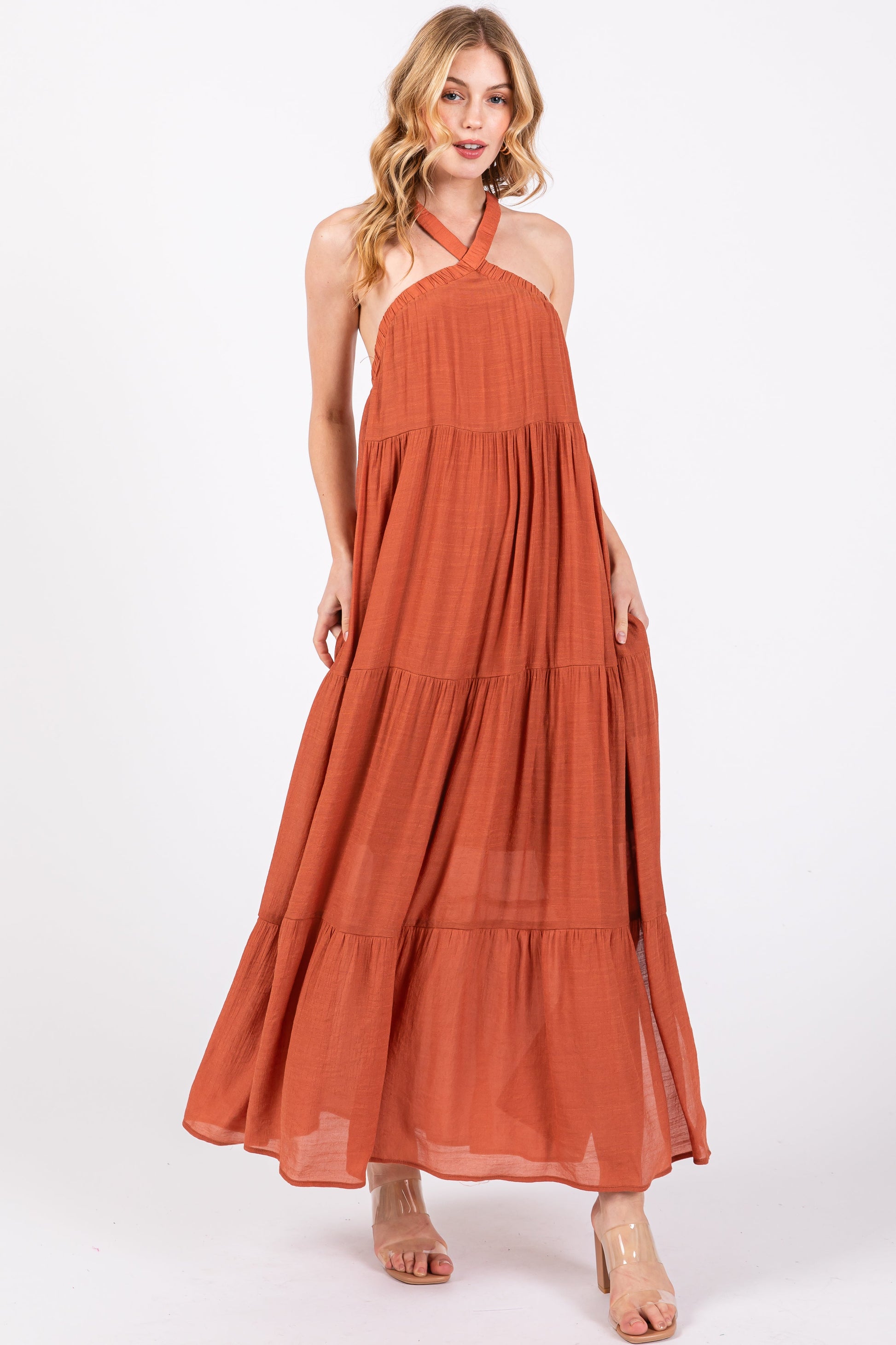 Rust Halter Tiered Maternity Maxi Dress The Prissy Pelican Rust Halter Tiered Maternity Maxi Dress The Prissy Pelican