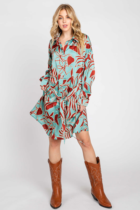 Brown Leaf Print Satin Button Down Dress