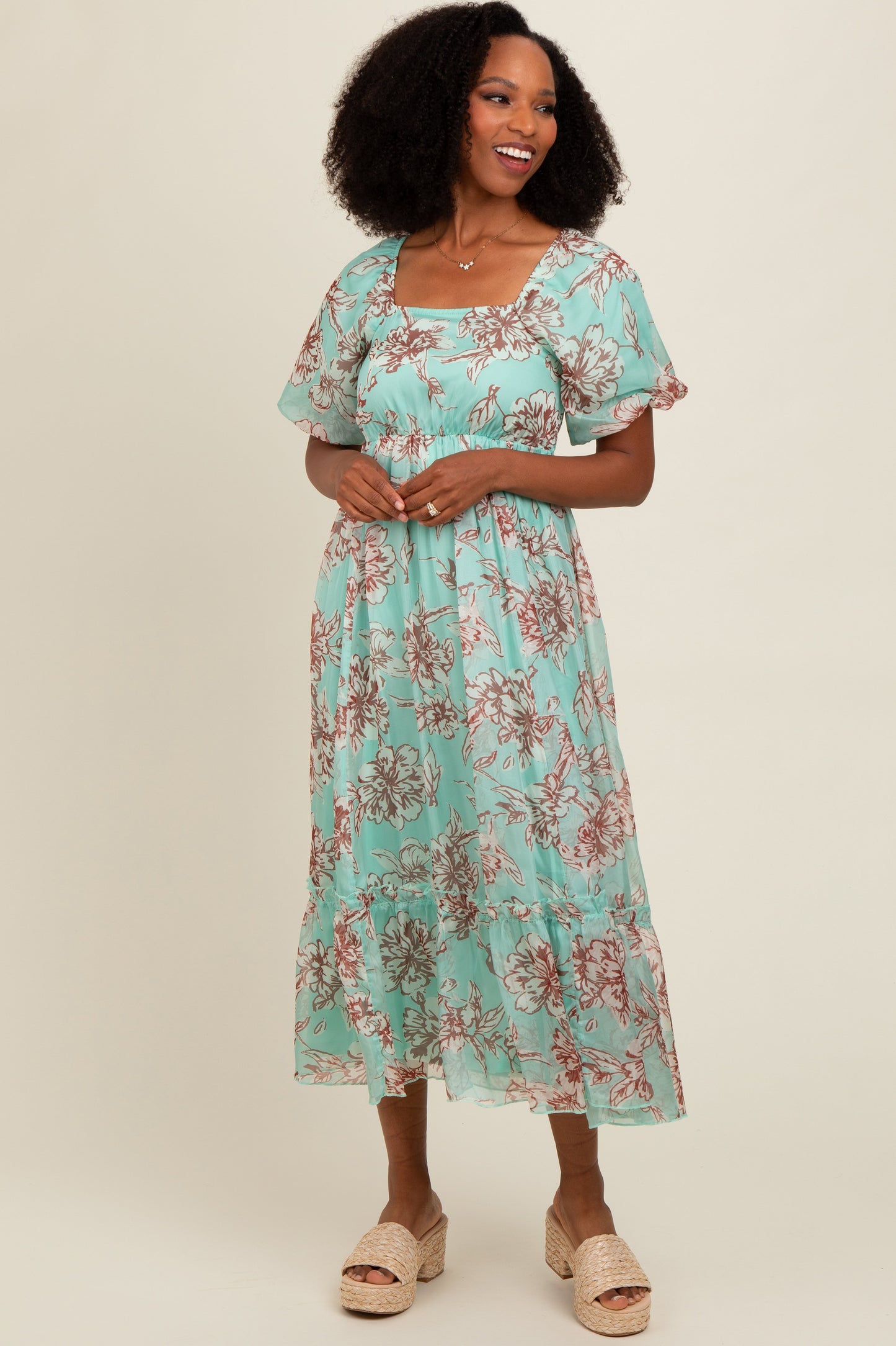 Mint Green Floral Chiffon Ruffle Hem Midi Dress