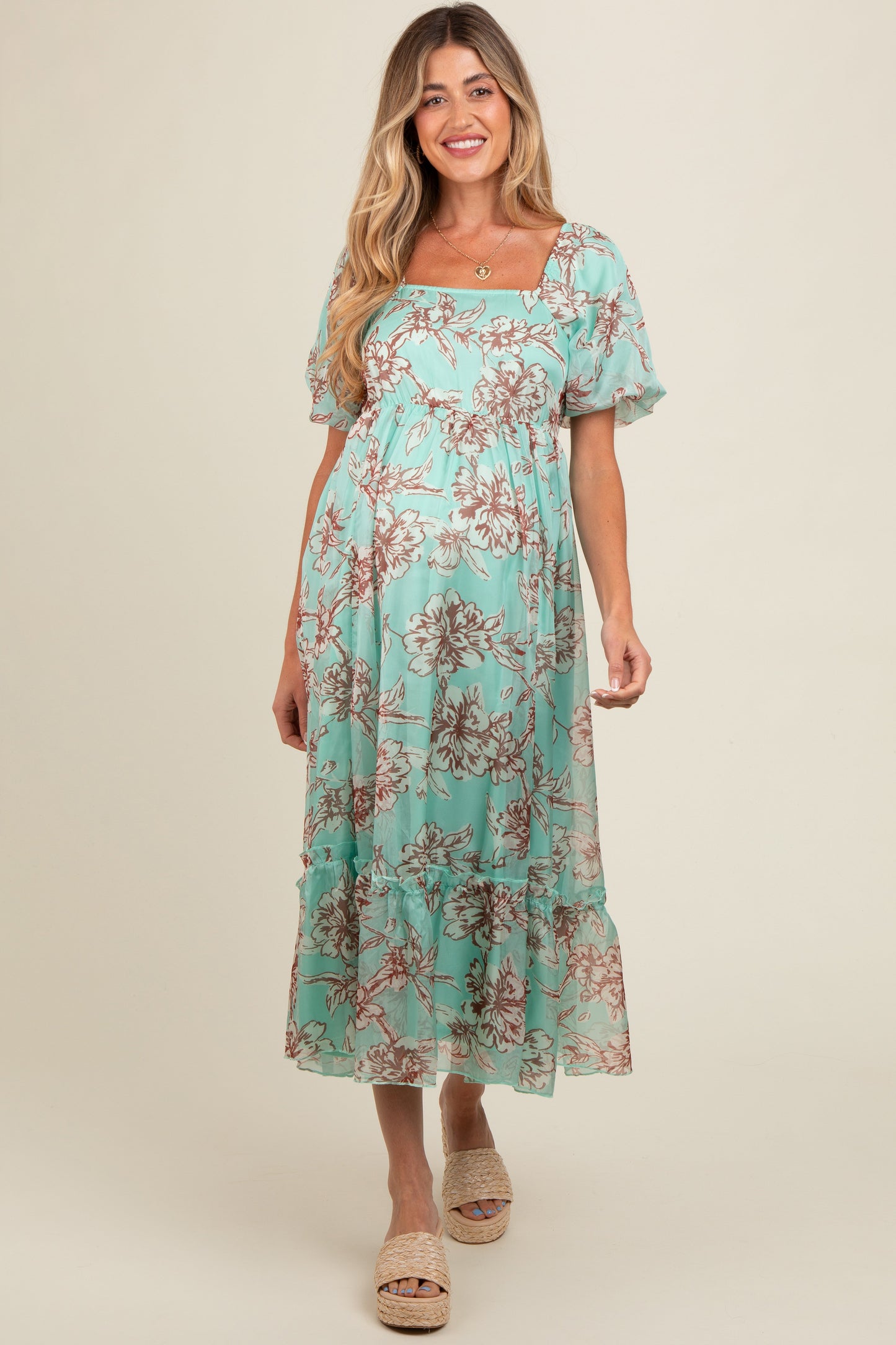 Mint Green Floral Chiffon Ruffle Hem Maternity Midi Dress