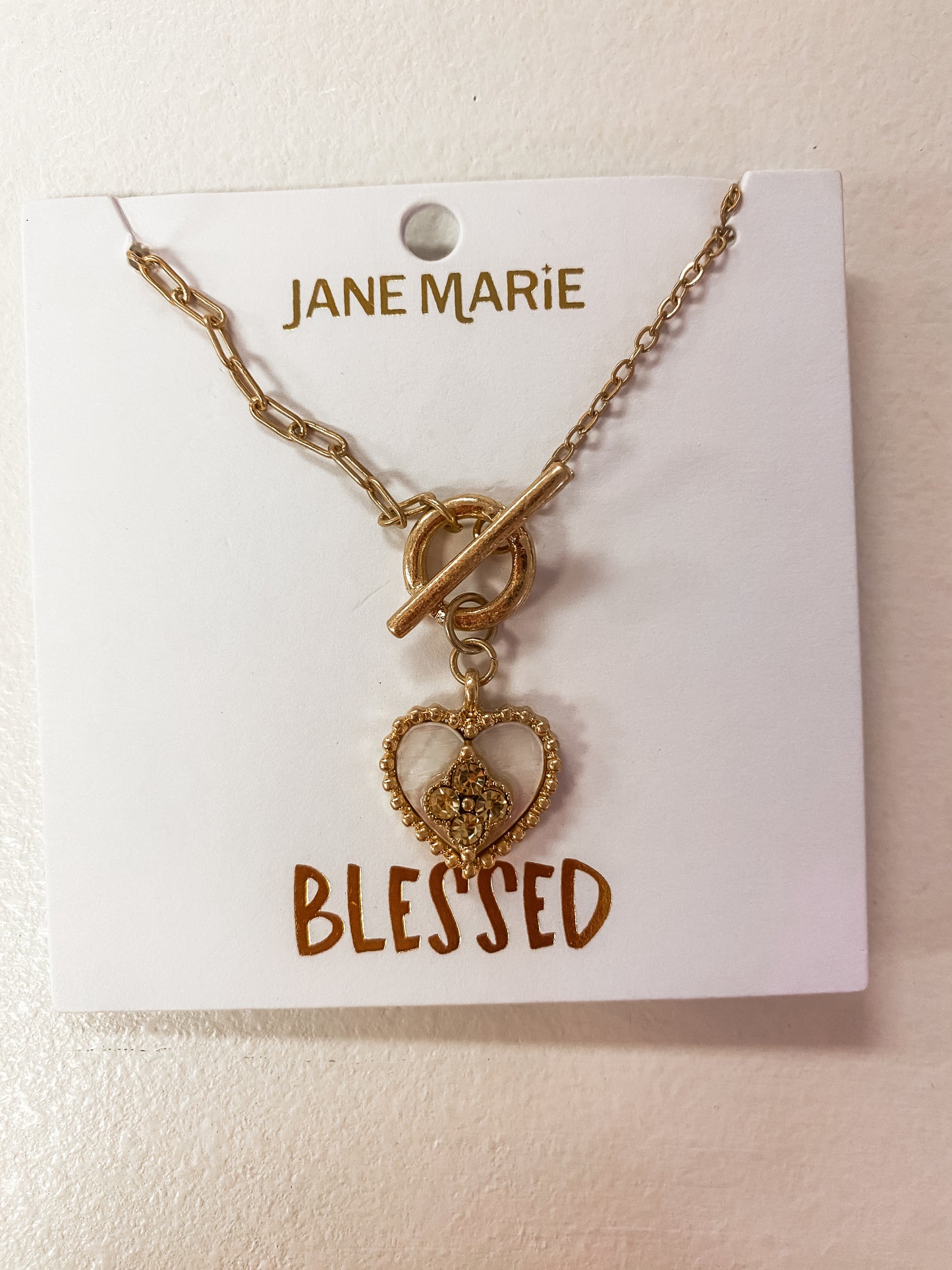Ruth “Blessed” Heart Necklace – Gold Paperclip Chain with Shell & Crystal Charm (16" + 3" Ext)