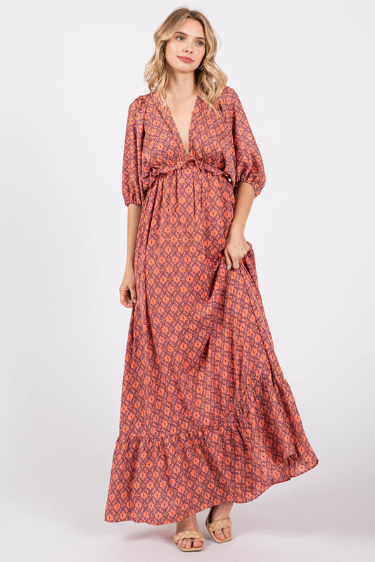 Orange Deep V-Neck Short Puff Sleeve Ruffle Maxi Dress
