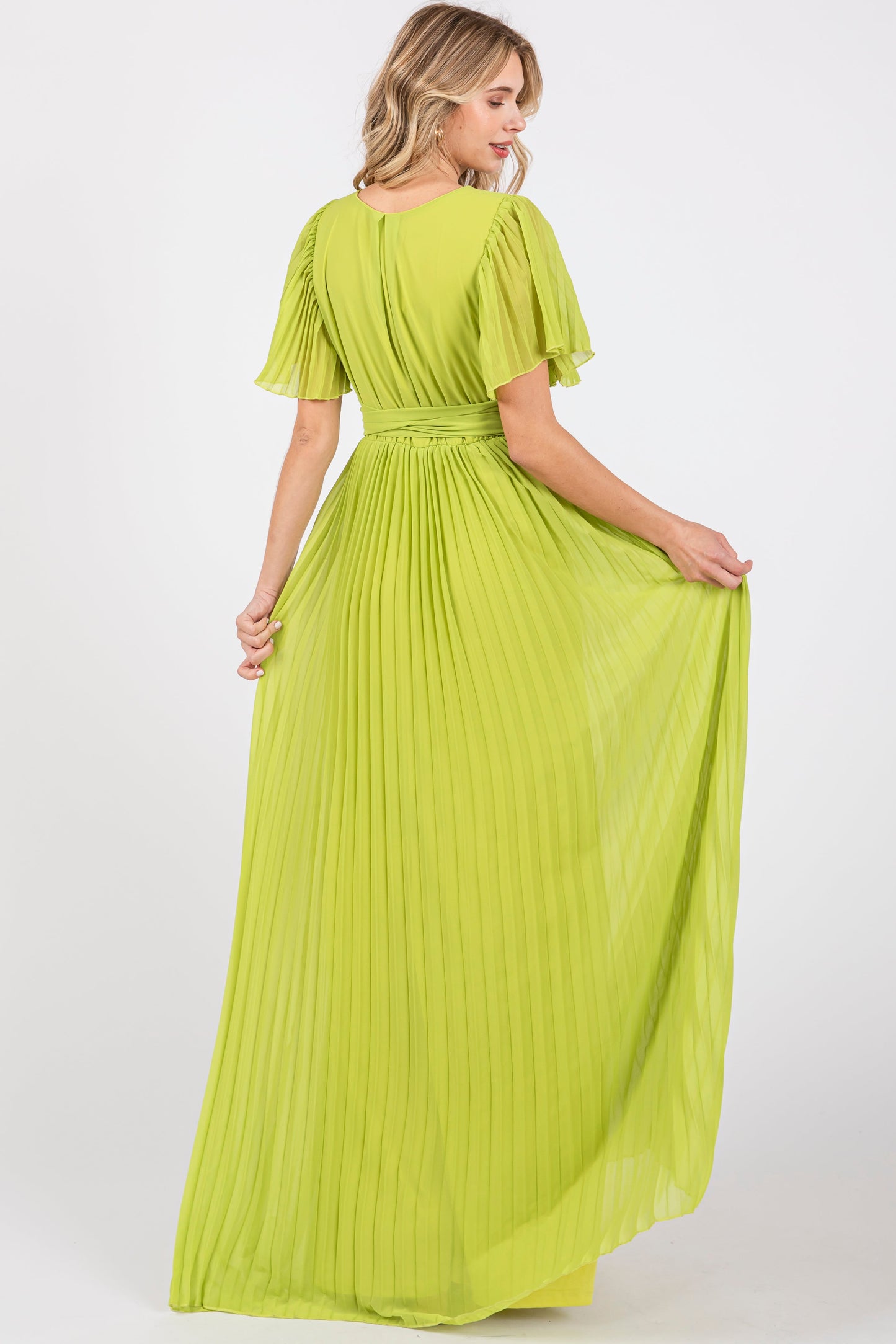 Lime Chiffon Wrap Front V-Neck Short Sleeve Pleated Maxi Dress