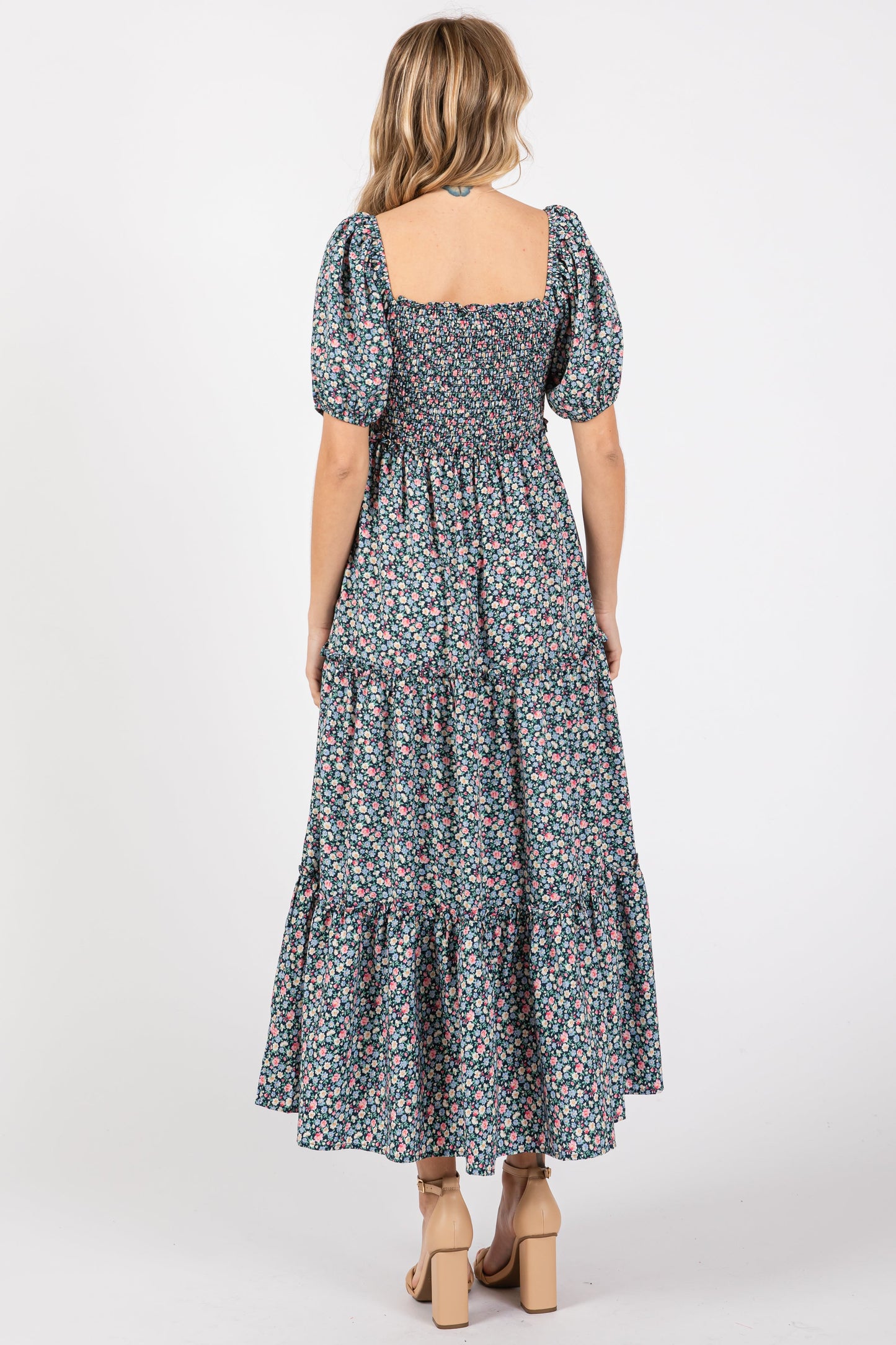 Navy Floral Smocked Tiered Puff Sleeve Maxi Dress