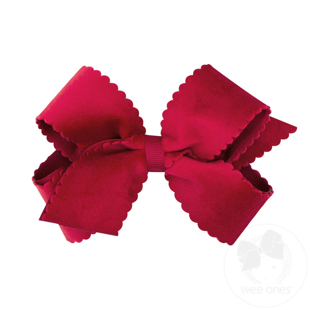 Medium Grosgrain Hair Bow with Scalloped Edge Faux Velvet Overlay – Cranberry