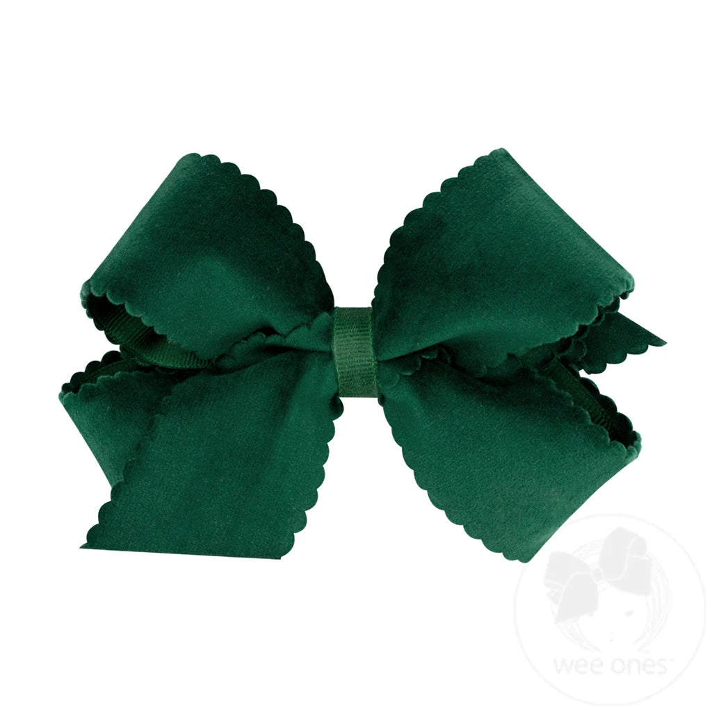 Medium Grosgrain Hair Bow with Scalloped Edge Faux Velvet Overlay – Forest Green