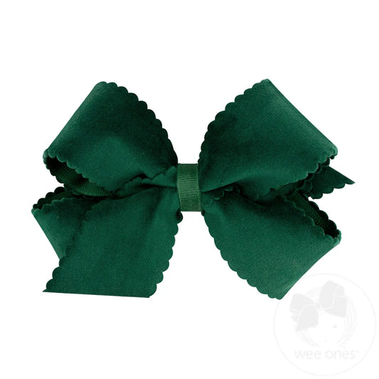 Medium Grosgrain Hair Bow with Scalloped Edge Faux Velvet Overlay – Forest Green