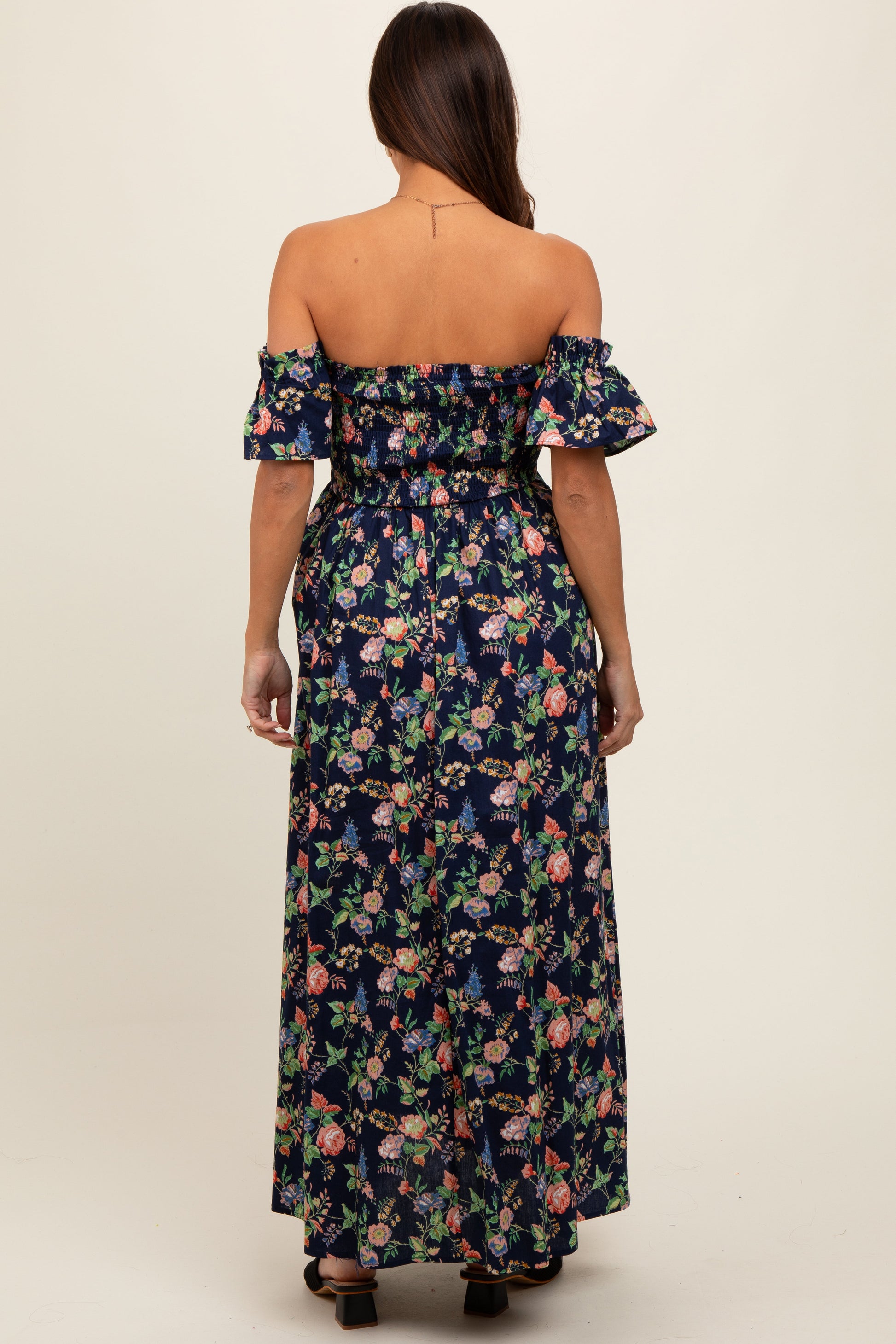 Navy Blue Floral Off Shoulder Maternity Dress Navy Blue Floral Off Shoulder Maternity Dress
