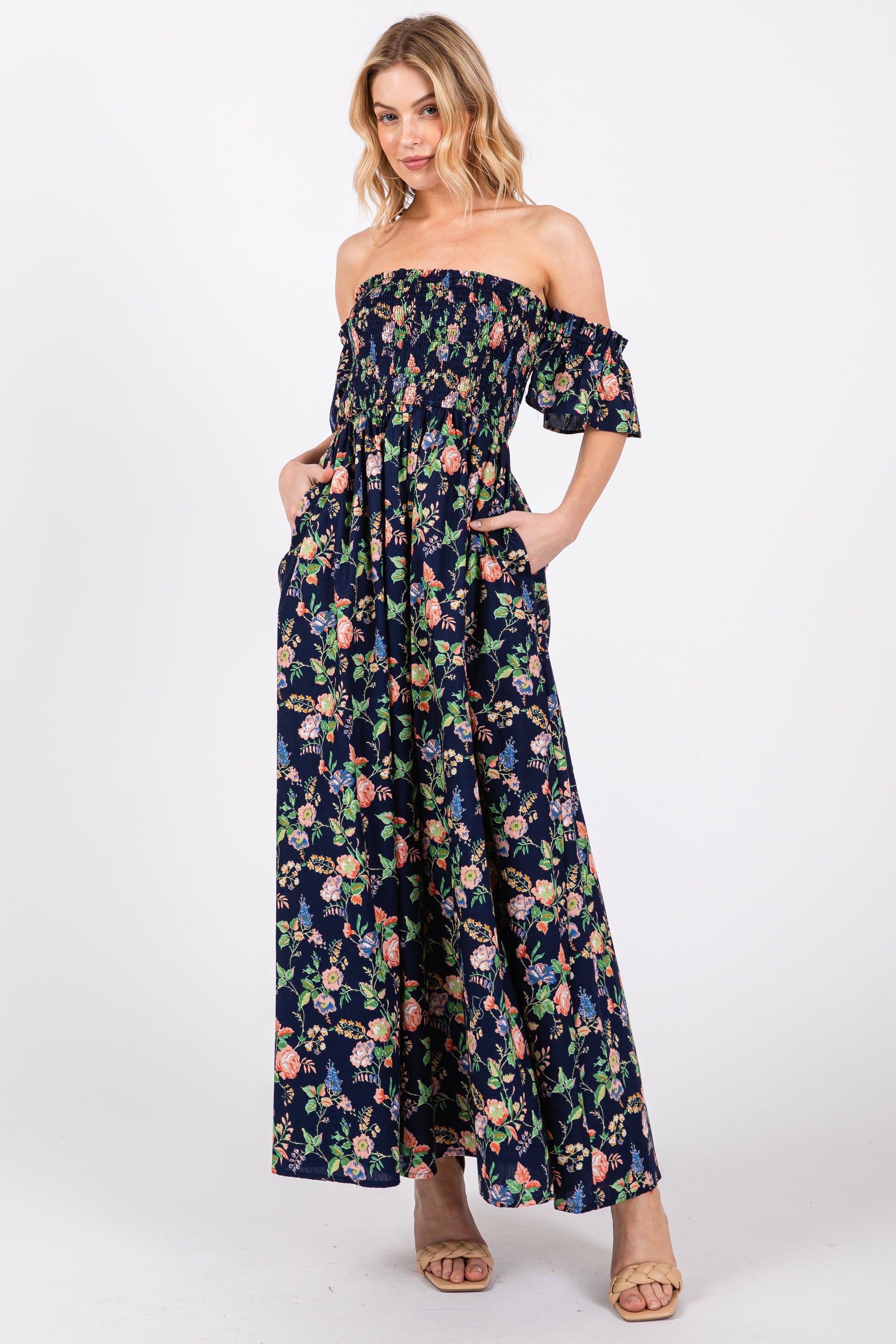 Navy Blue Floral Off Shoulder Maternity Dress Navy Blue Floral Off Shoulder Maternity Dress