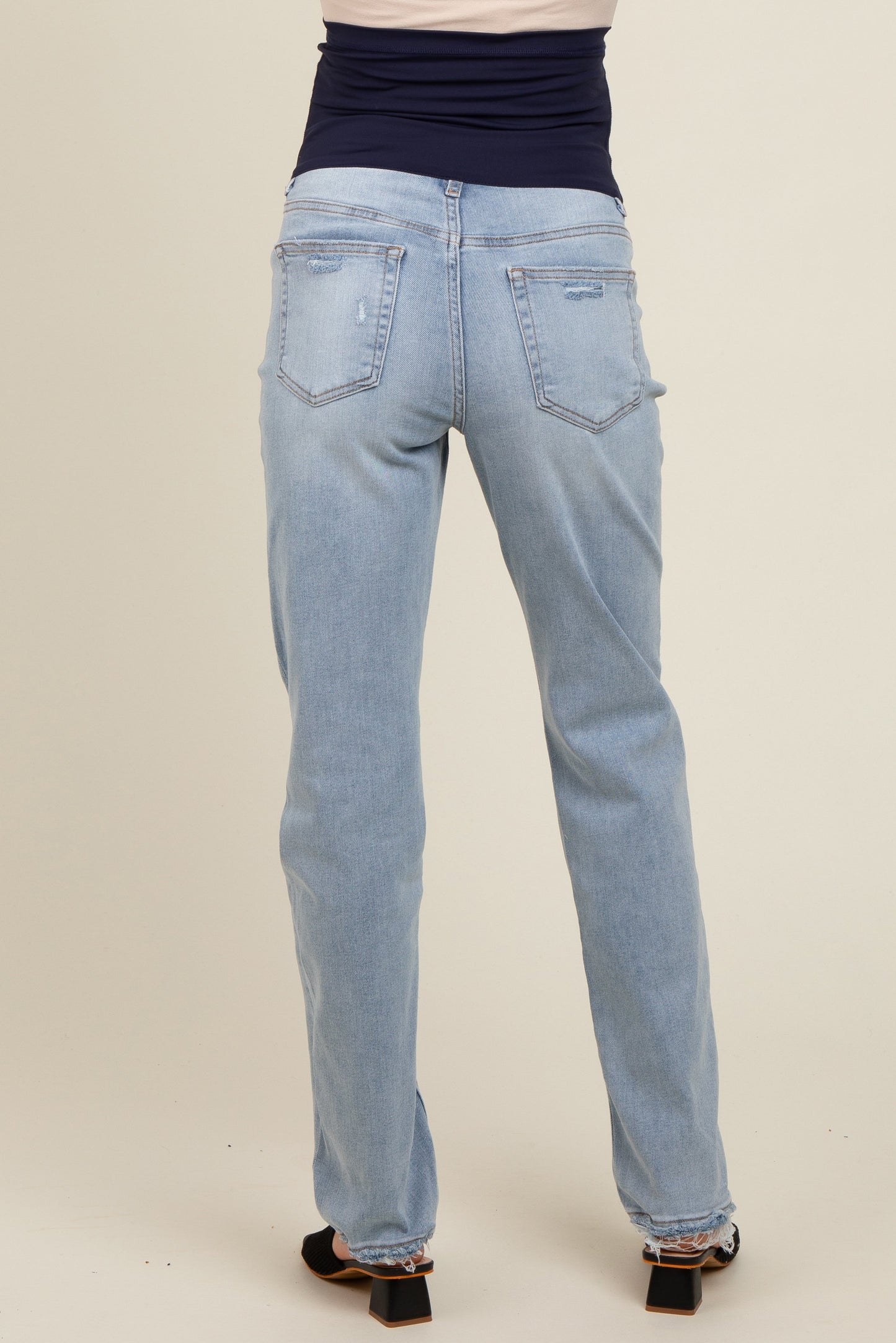 Light Blue Distressed Hem Straight Leg Maternity Jeans