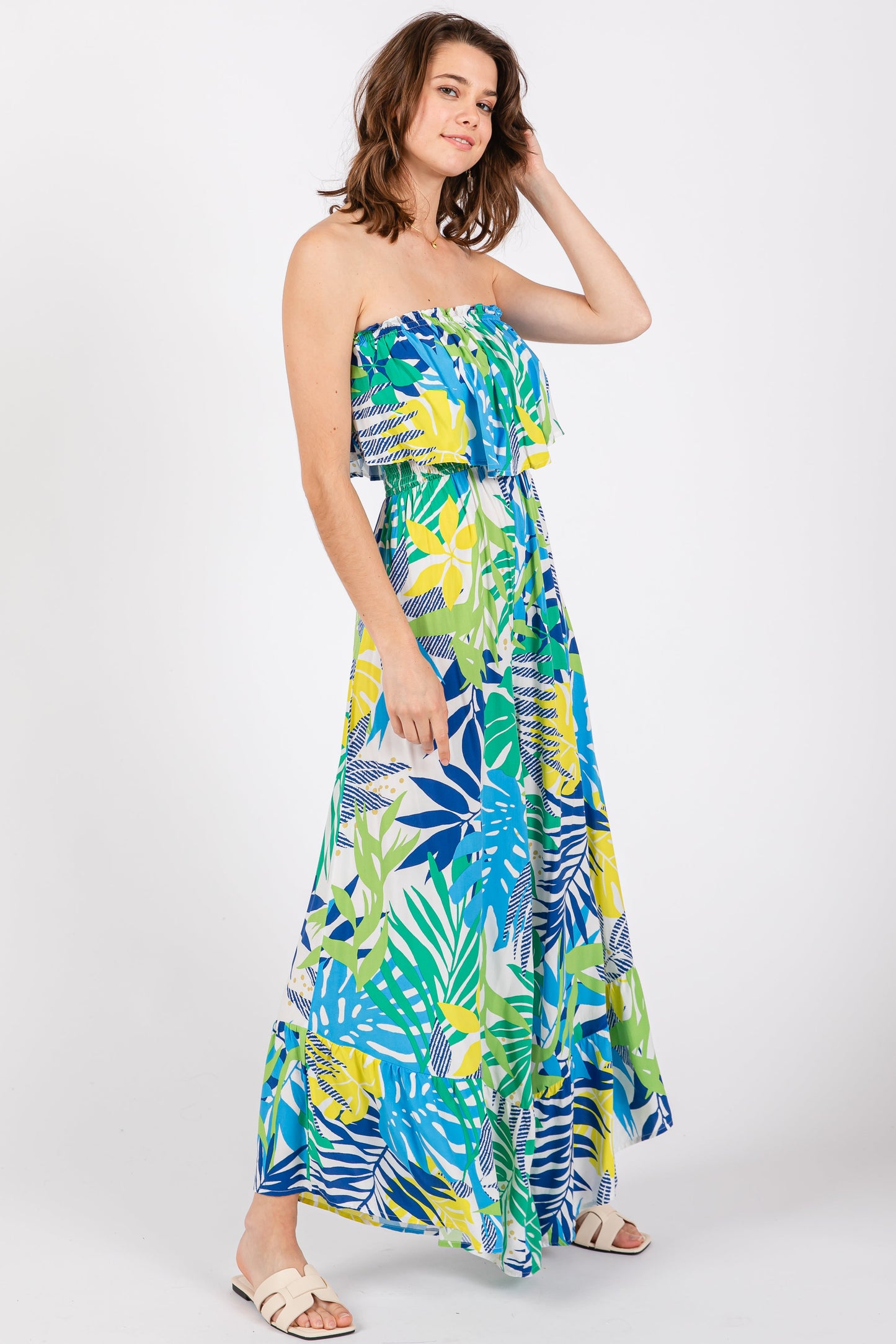 Multi-Color Palm Strapless Ruffle Wide Leg Jumpsuit