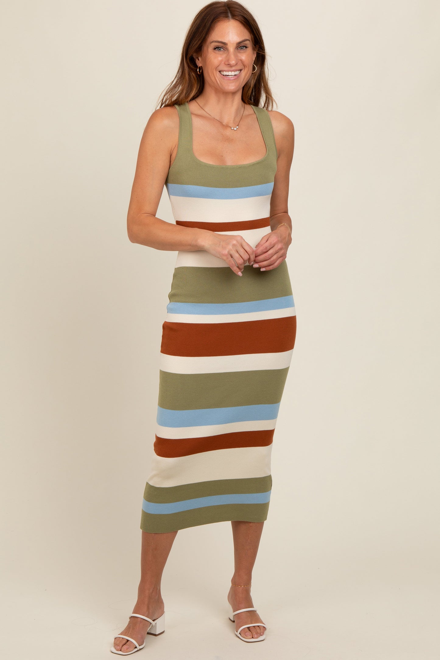 Olive Striped Sweater Square Neck Maternity Midi Dress