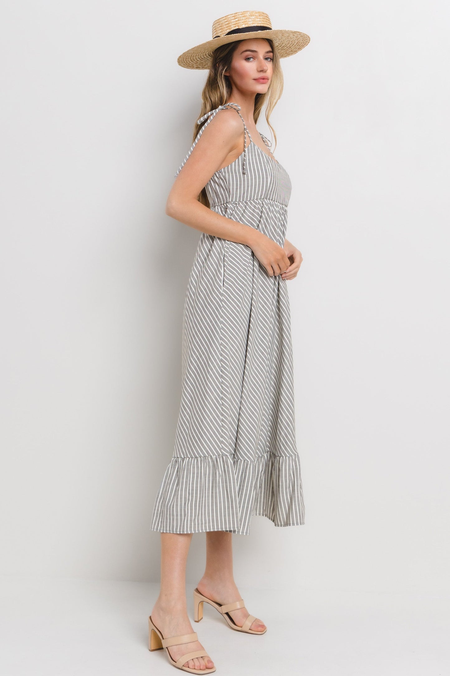 Grey Striped Tie Strap Maxi Dress