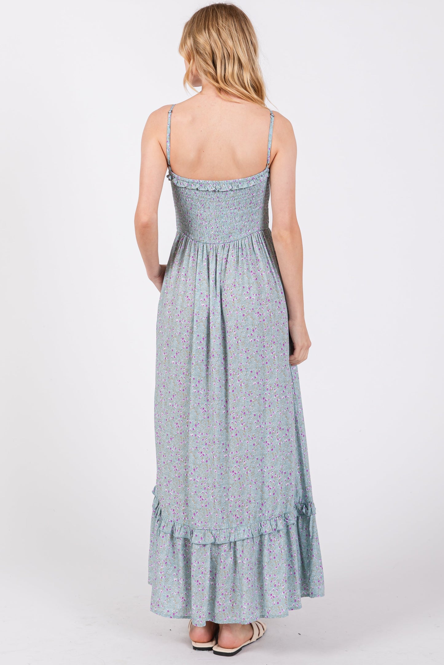 Light Blue Floral Ruffle Square Neck Smocked Waist Maxi Dress