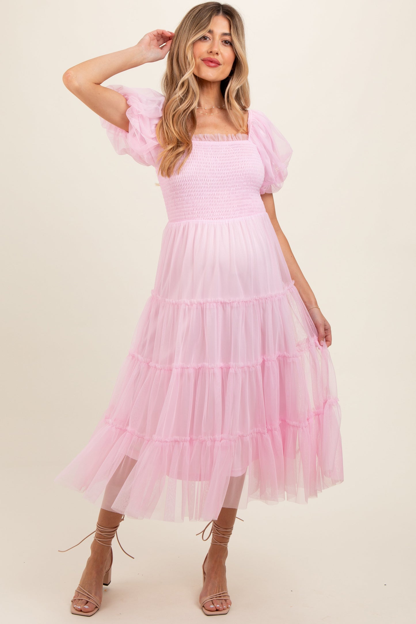Light Pink Smocked Tiered Tulle Maternity Midi Dress
