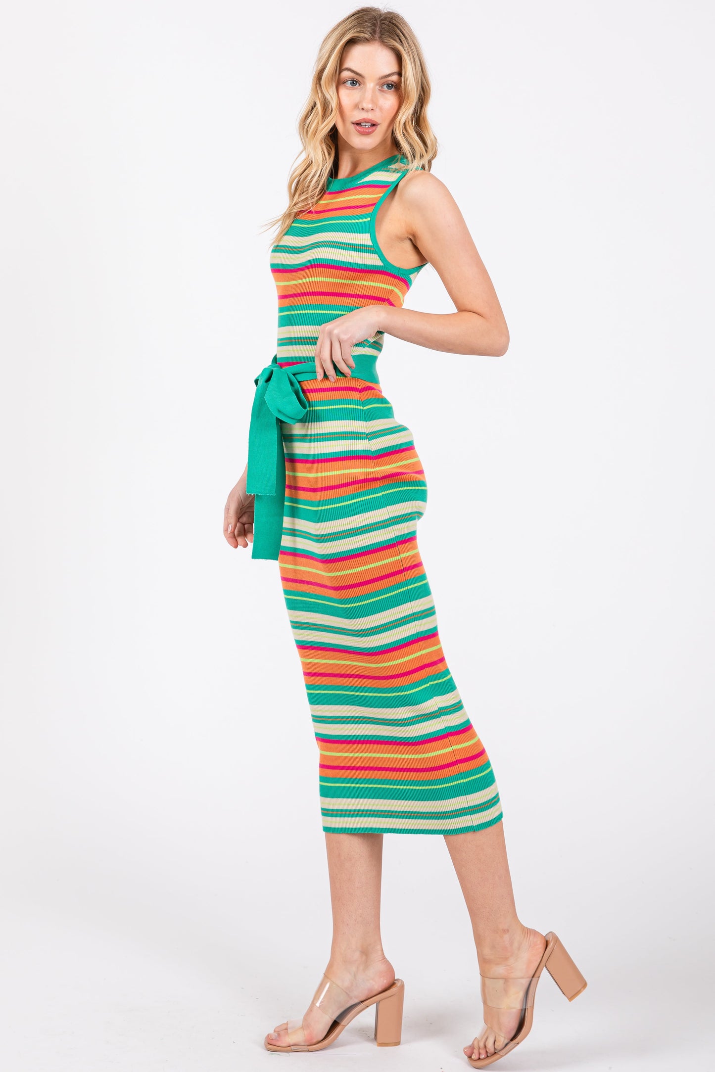 Mint Green Striped Tie Waist Sleeveless Midi Dress