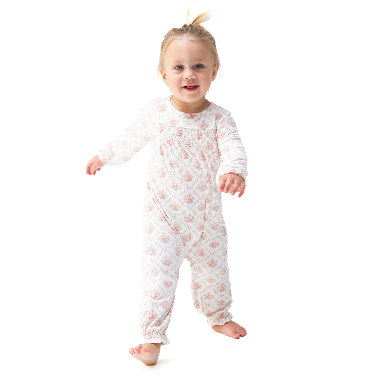 Rose Bow Lattice - Smocked Long Sleeve Romper