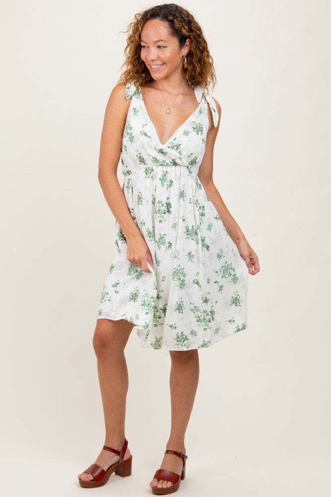 Ivory Green Floral Knotted Wrap V-Neck Maternity Dress