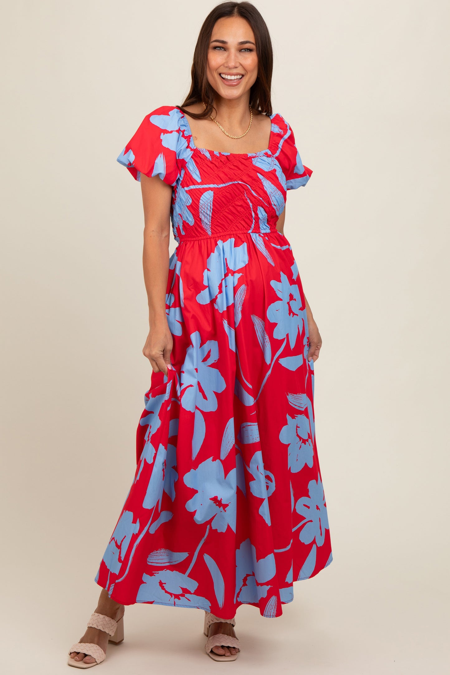 Red Floral Print Bias Smocked Bust Maternity Maxi Dress